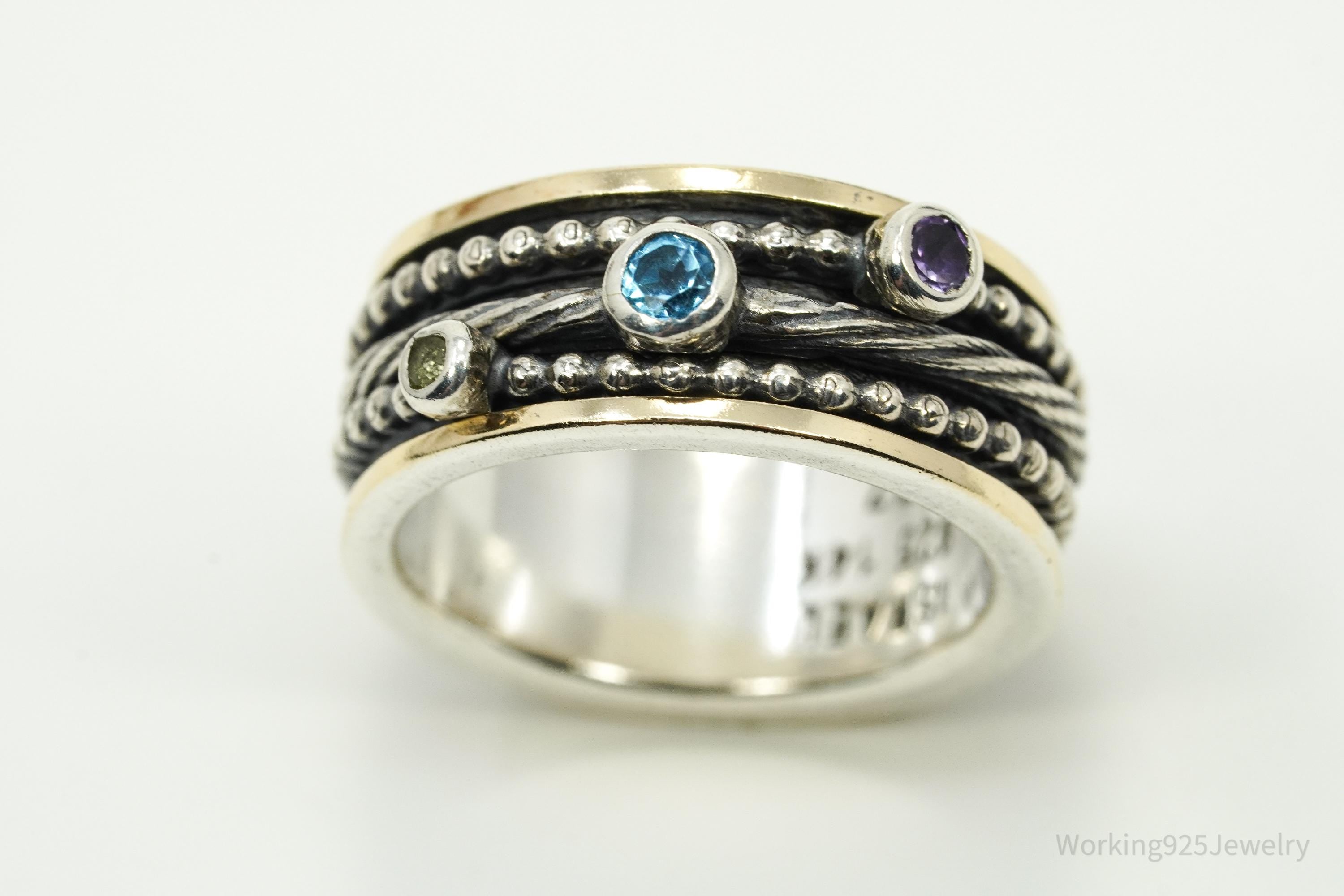 Designer PZ 14K Gold Multi Gem Spinner Sterling Silver Ring - Size 6.5