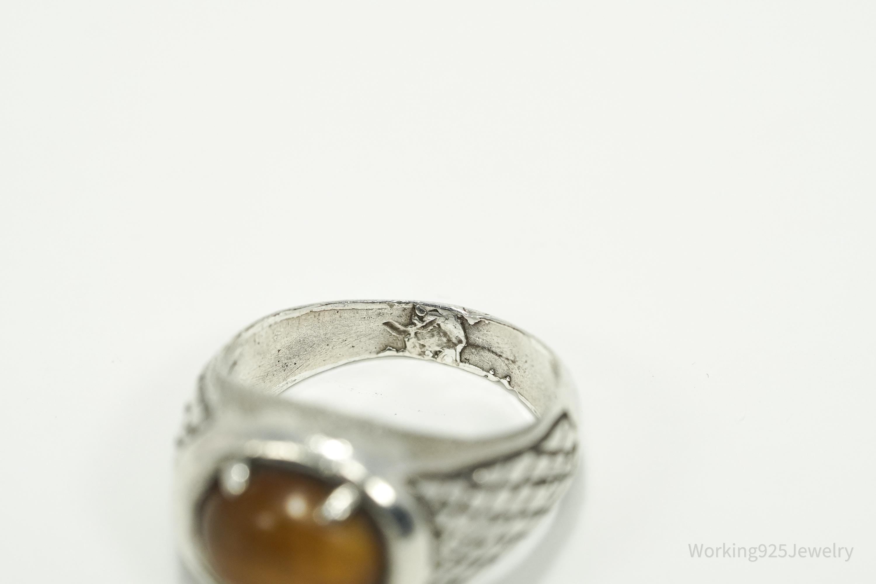 Vintage Native American Tigers Eye Unsigned Silver Ring - Size 10.5