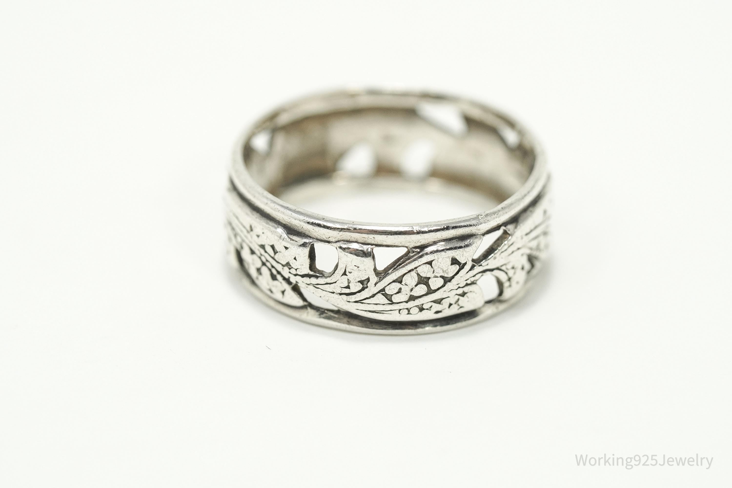 Antique Floral Pattern Sterling Silver Band Ring - Size 9.25