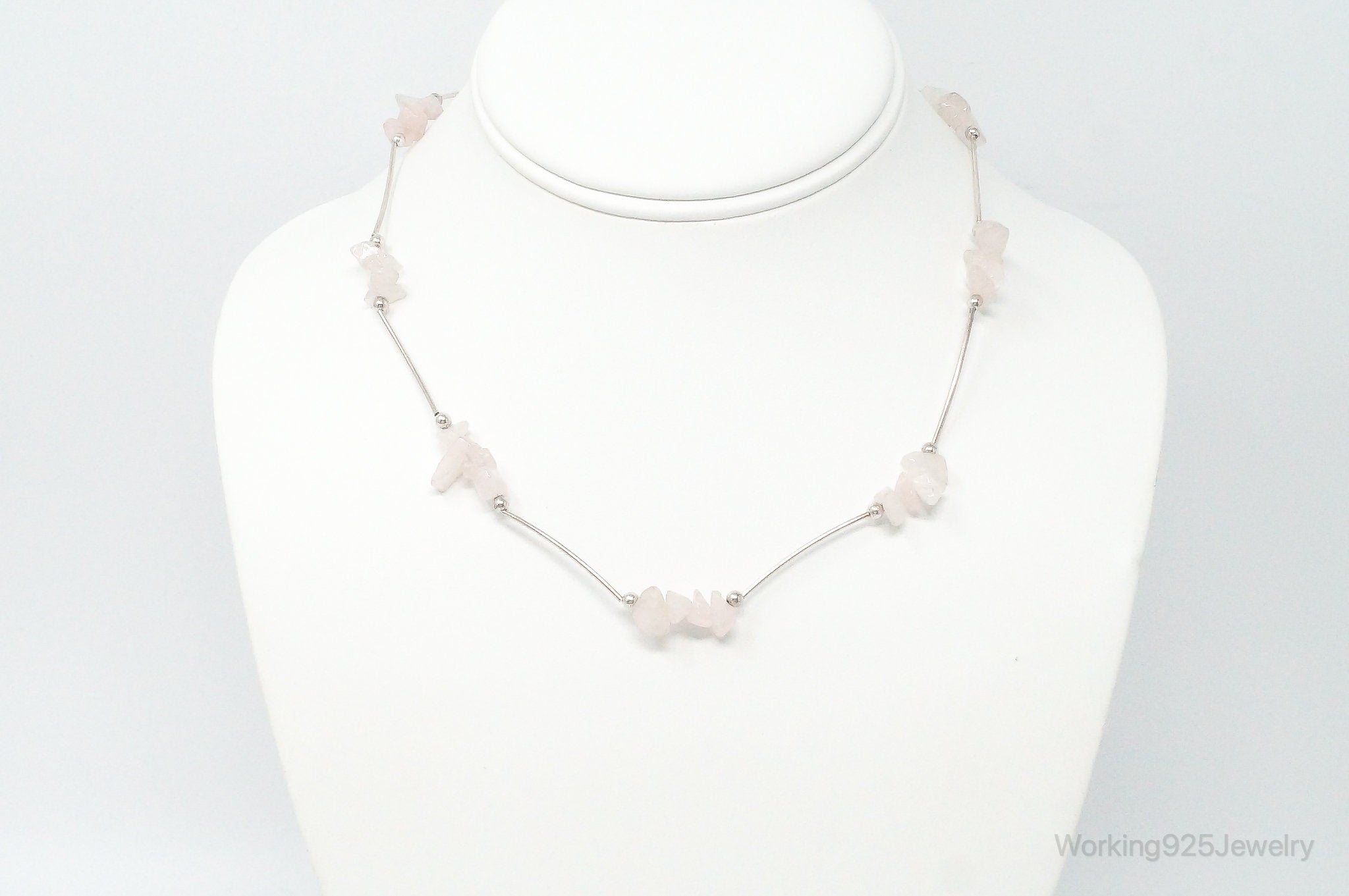 Vintage Rose Quartz Bead Sterling Silver Necklace