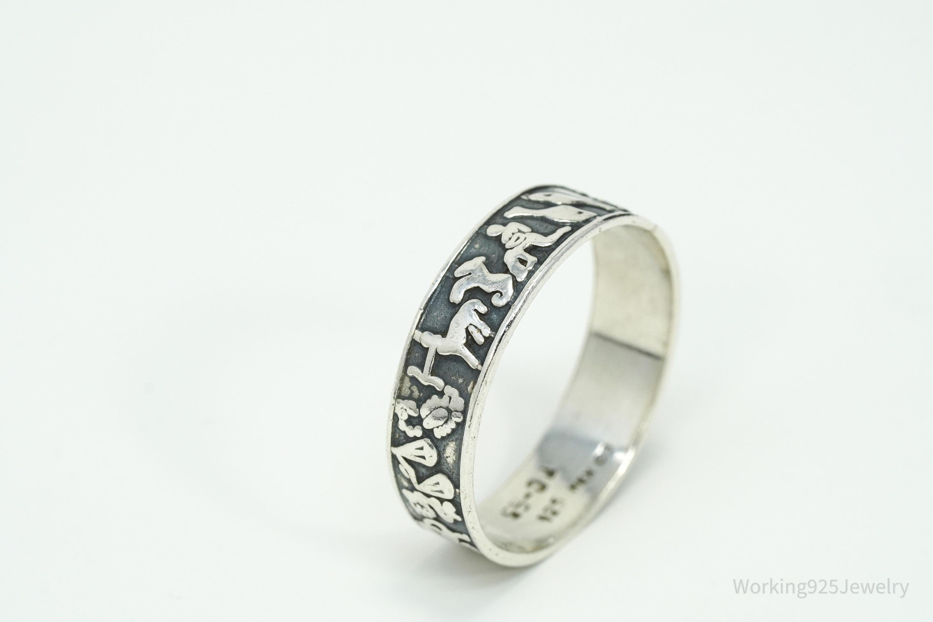 Vintage Astrology Signs Sterling Silver Band Ring - Size 13.5