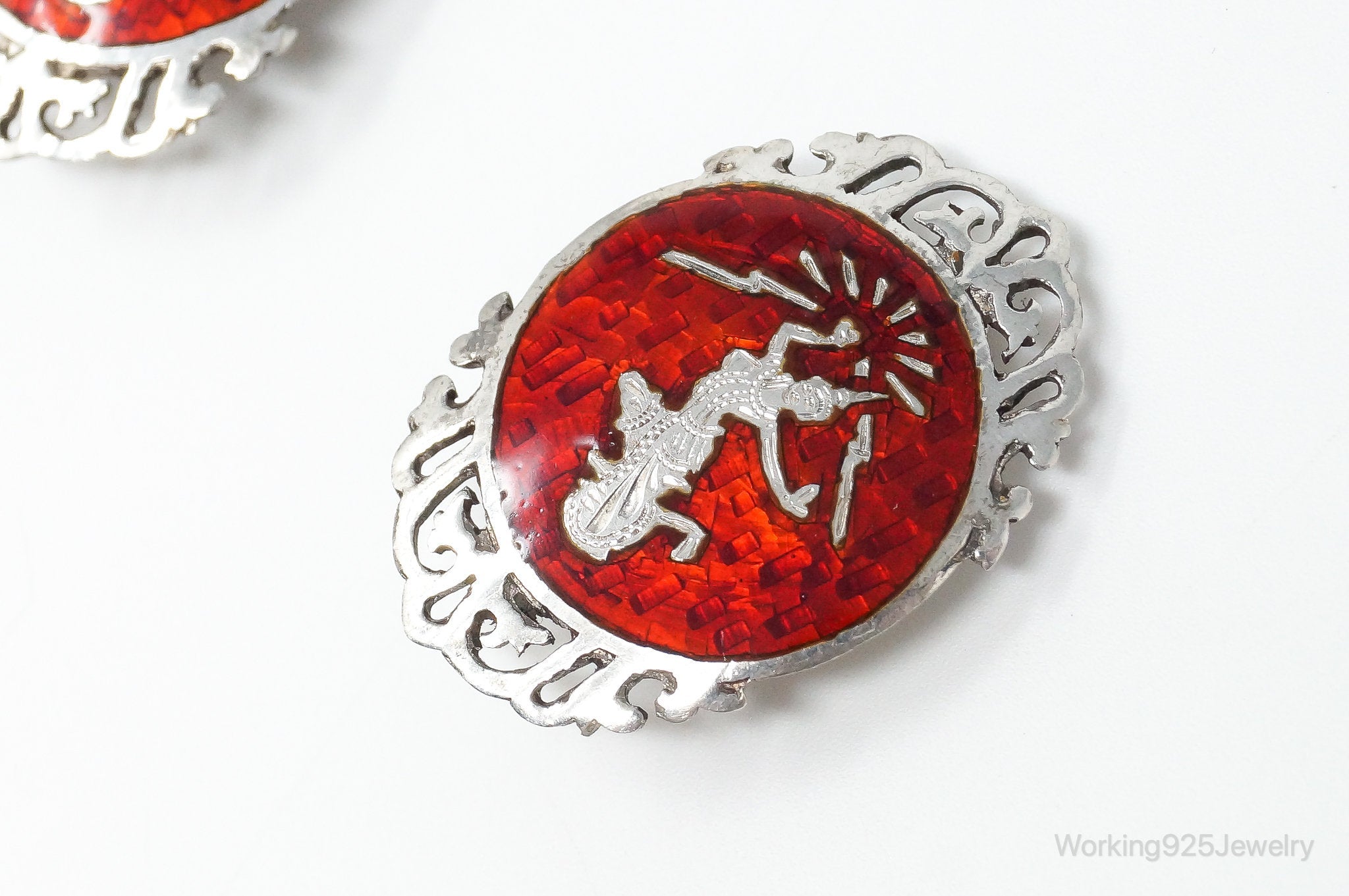 Vintage SIAM Red Enamel Lightening Dancer Sterling Silver Clip On Earrings