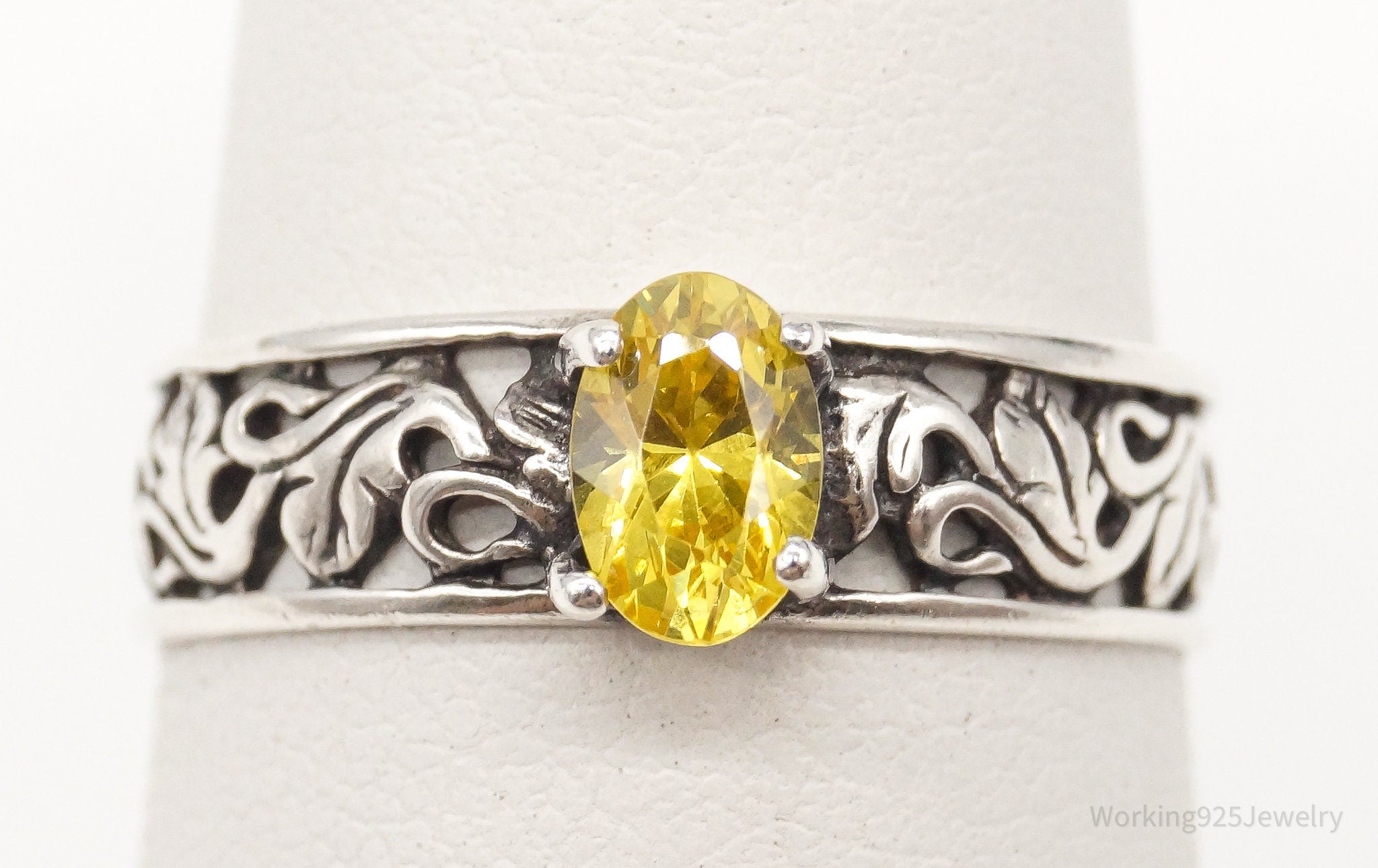 Vintage Yellow Cubic Zirconia Sterling Silver Ring Size 6.75