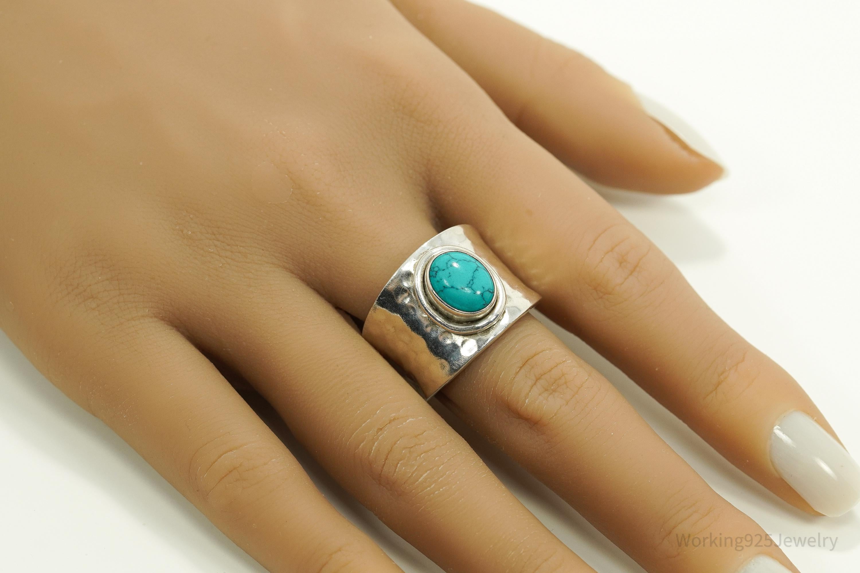 Vintage Turquoise Hammered Style Silver Ring - Size 12
