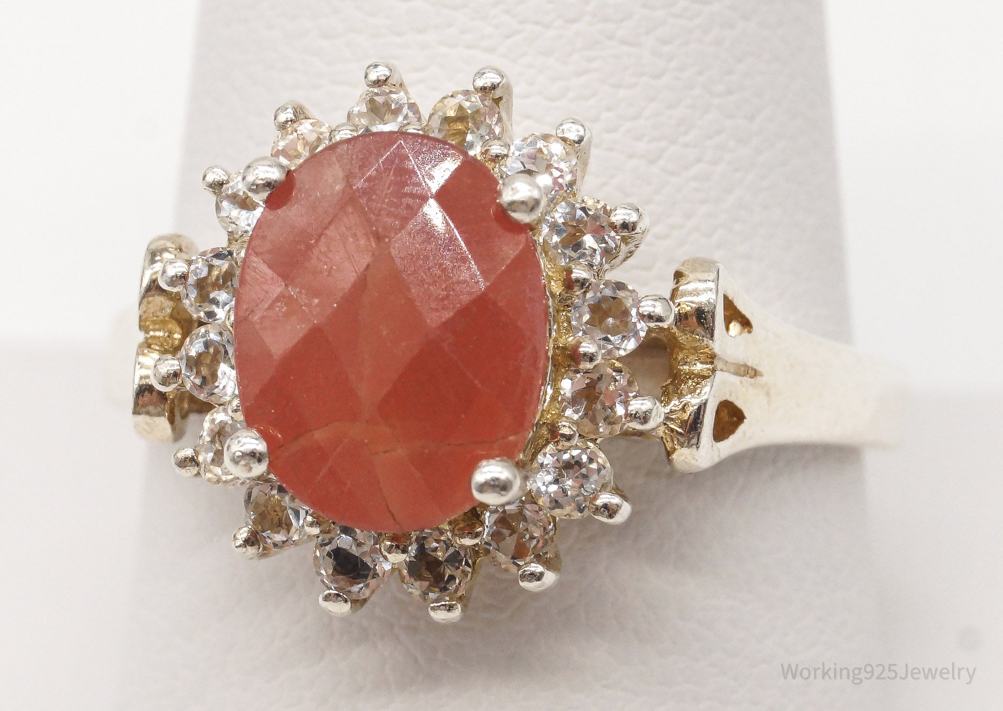 Vintage Peach Stone Cubic Zirconia Sterling Silver Ring - Size 9.75