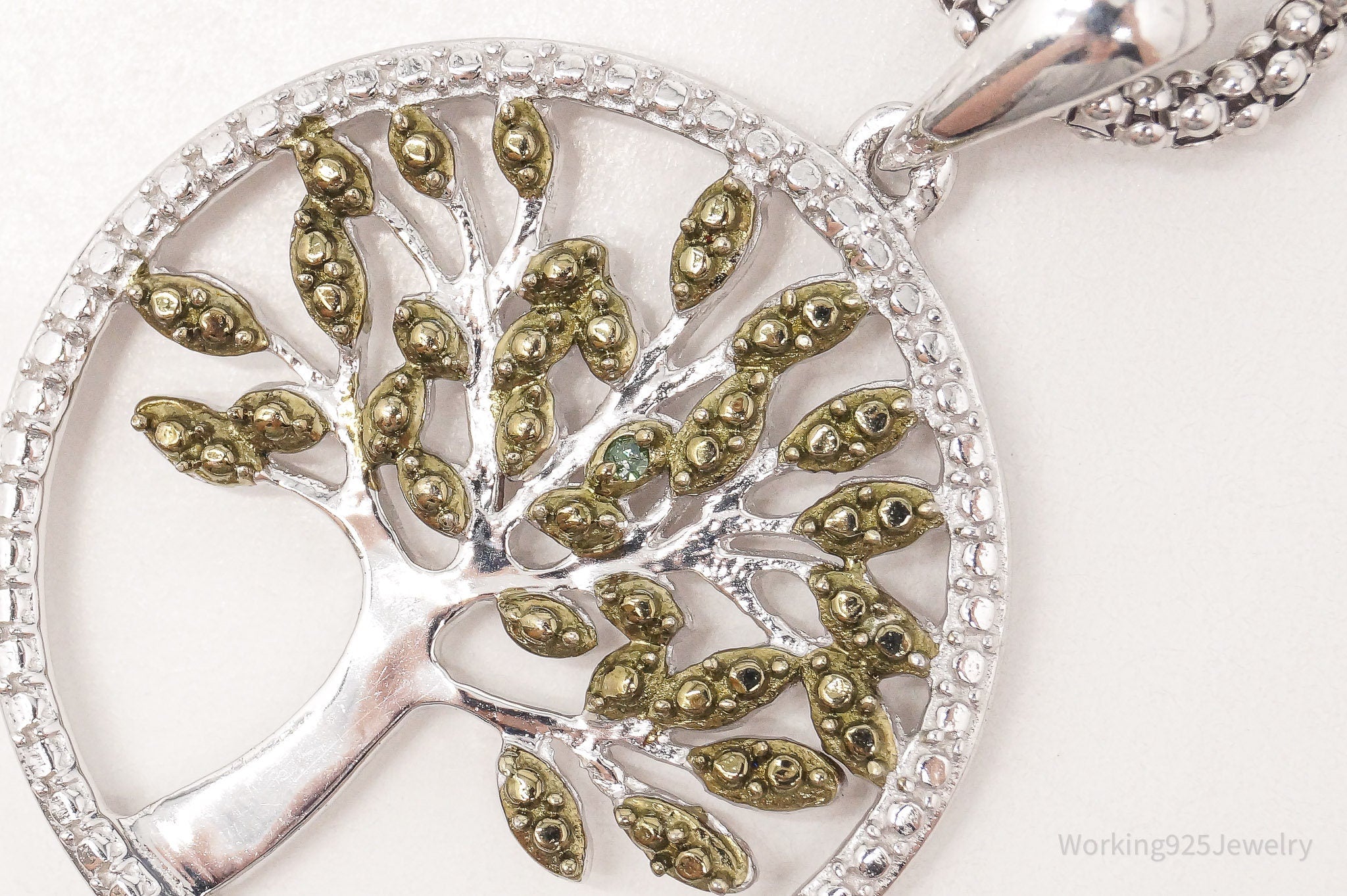 Vintage Tree Of Life Green Diamond Green Vermeil Sterling Silver Necklace 18"