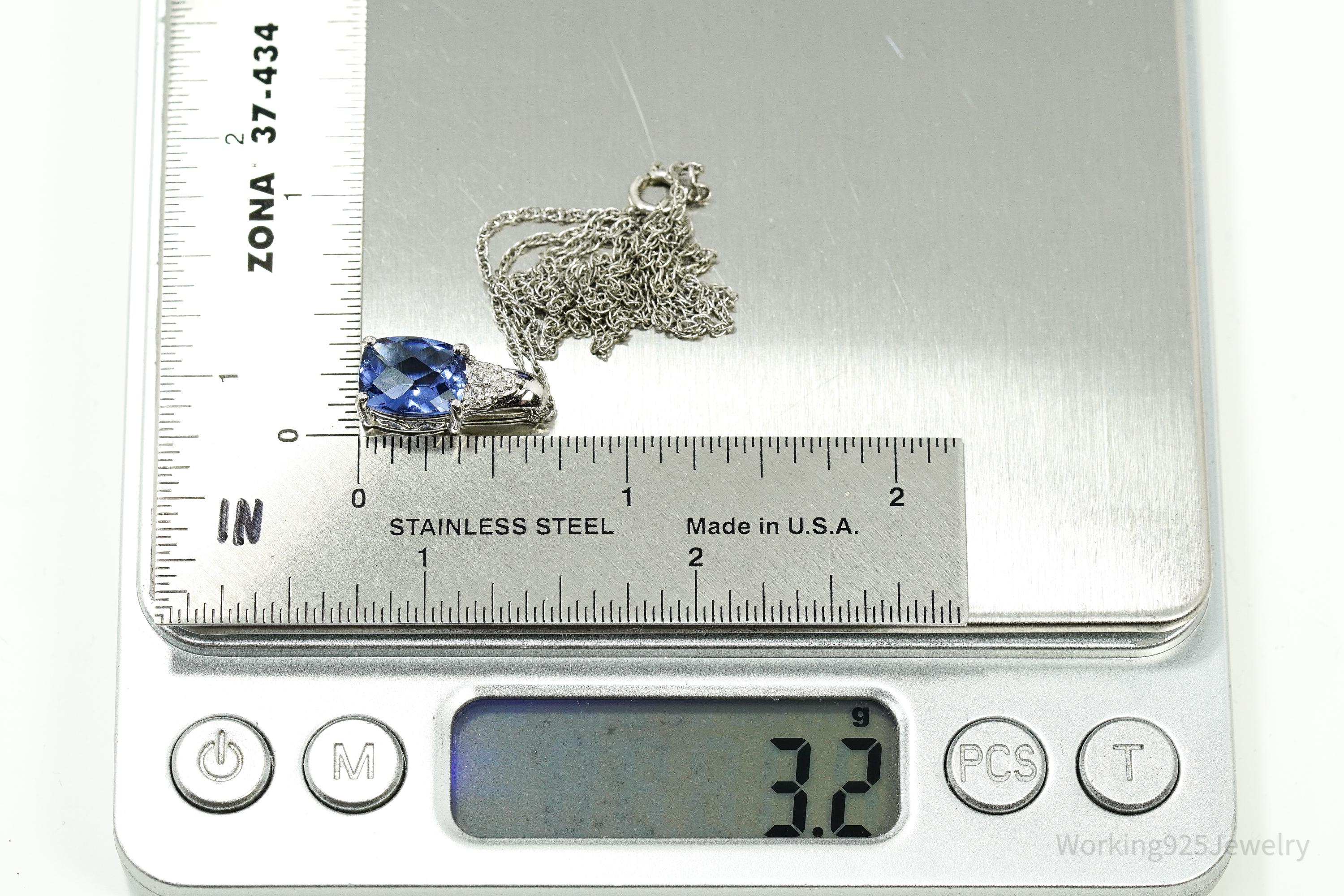 Vintage Ross Simons Lab Created Blue Sapphire & Single Diamond Sterling Silver Necklace 18"