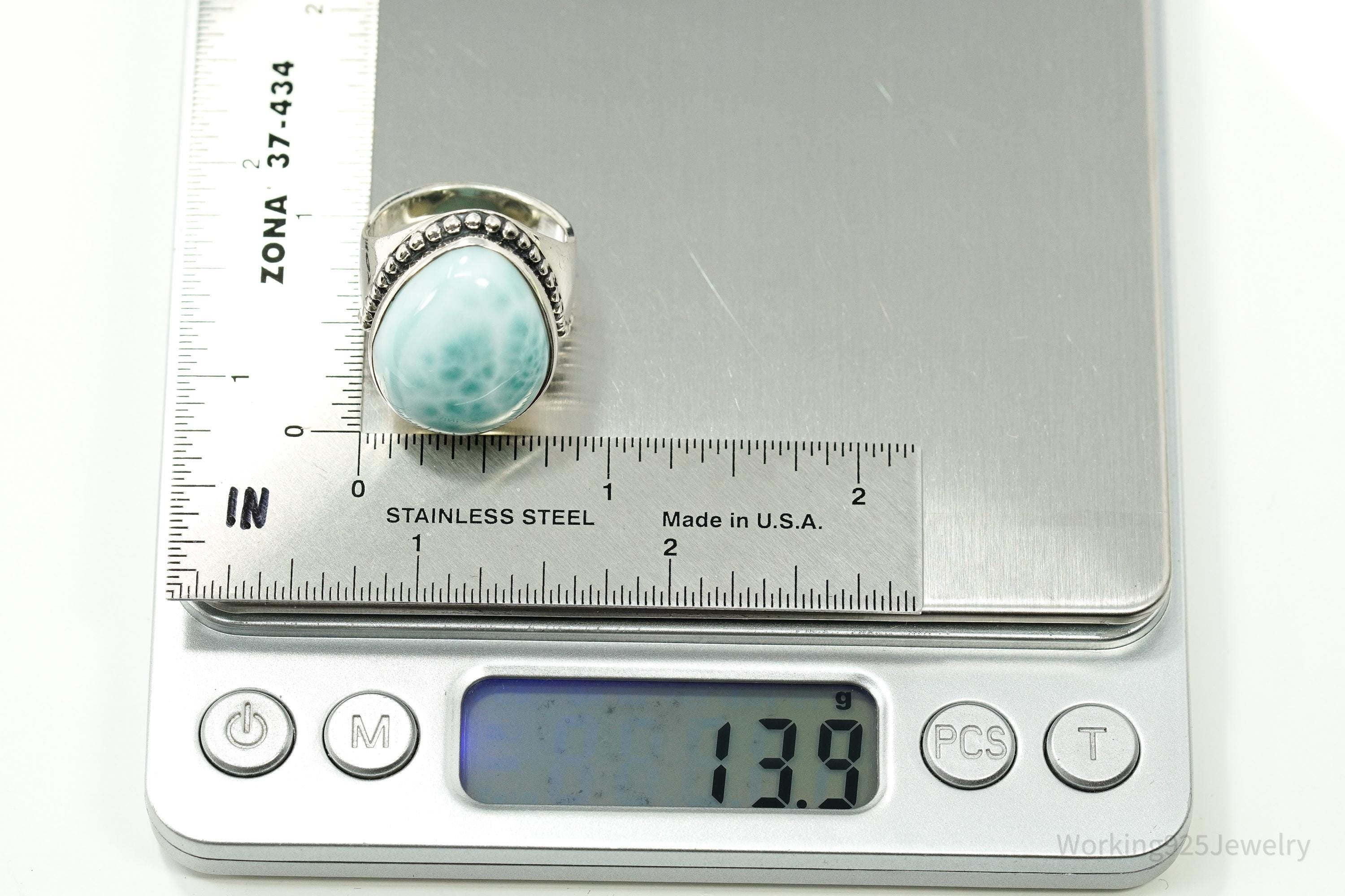 Vintage SAJEN Large Blue Larimar Sterling Silver Ring - Size 10