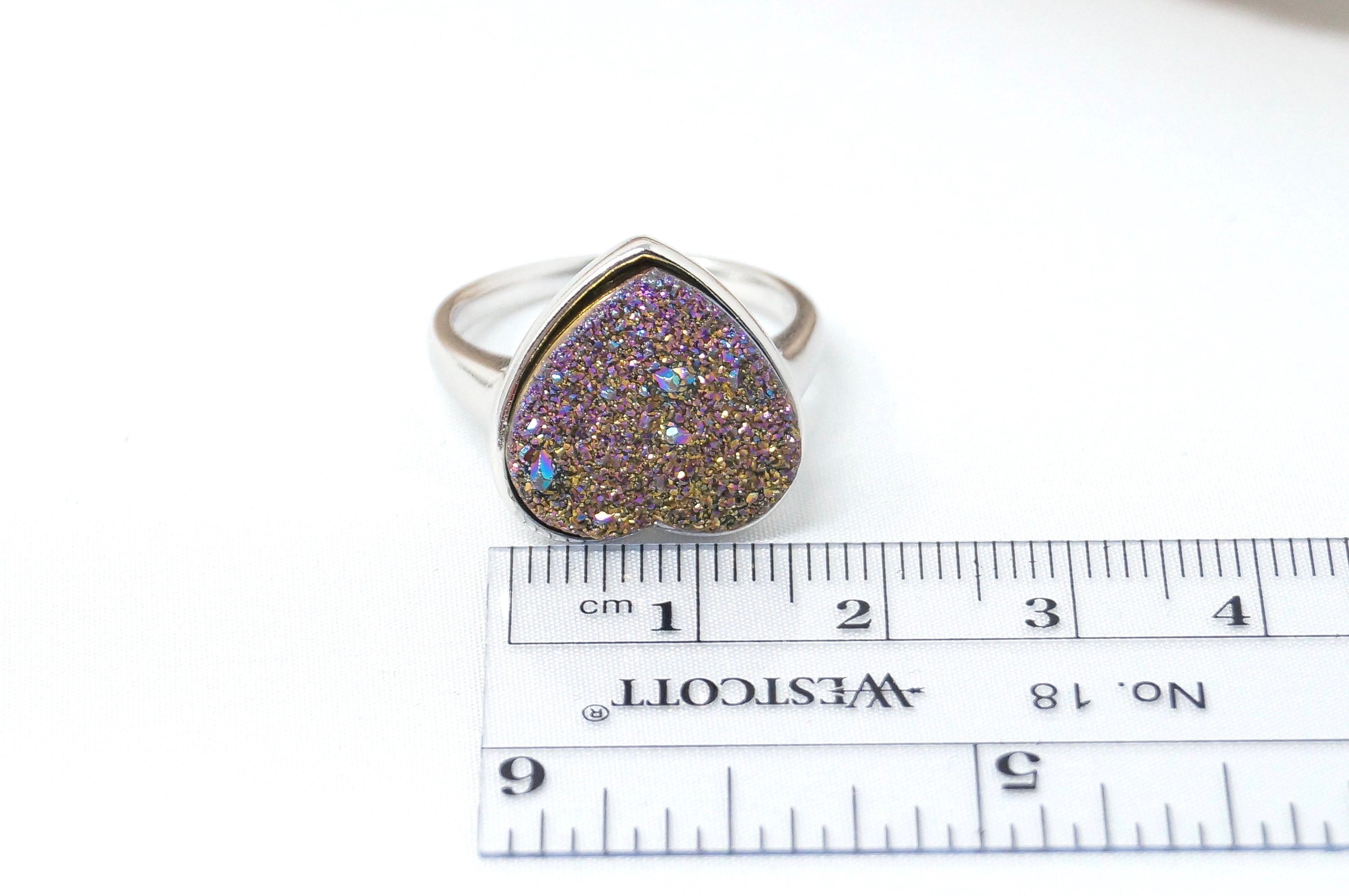 Vintage Rainbow Druzy Quartz Heart Statement Ring Sterling Silver - Size 9