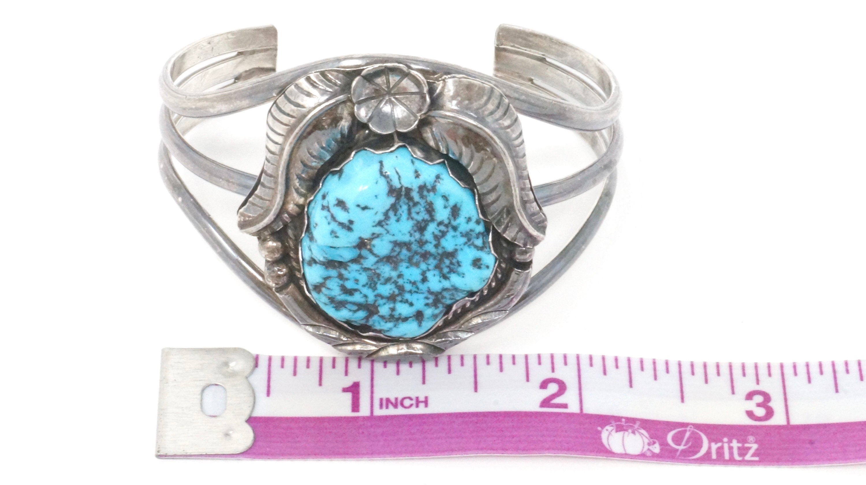 Vintage Native American M Bahe Large Turquoise Sterling Silver Cuff Bracelet