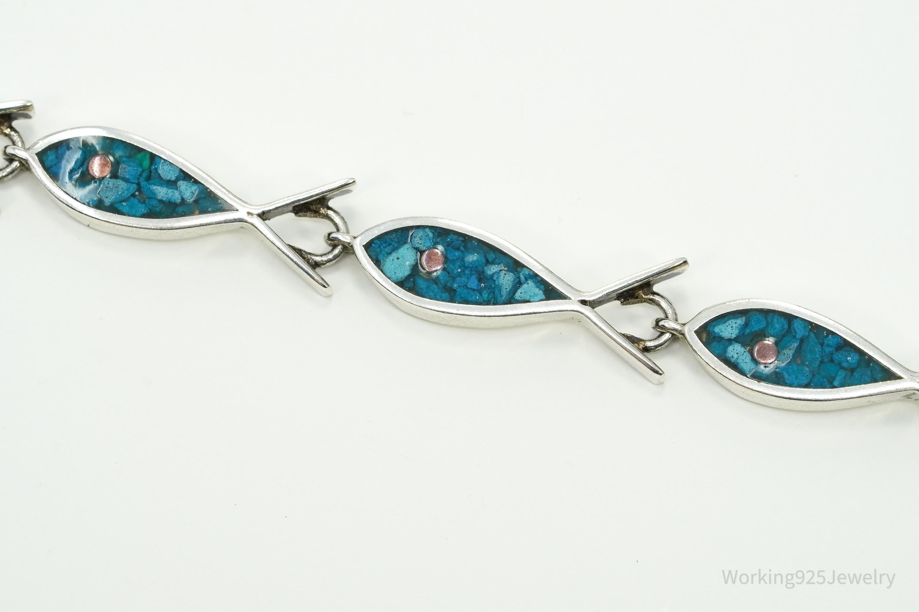 Vintage Mexico Blue Turquoise Inlay Fish Pattern Sterling Silver Bracelet - 7.25"