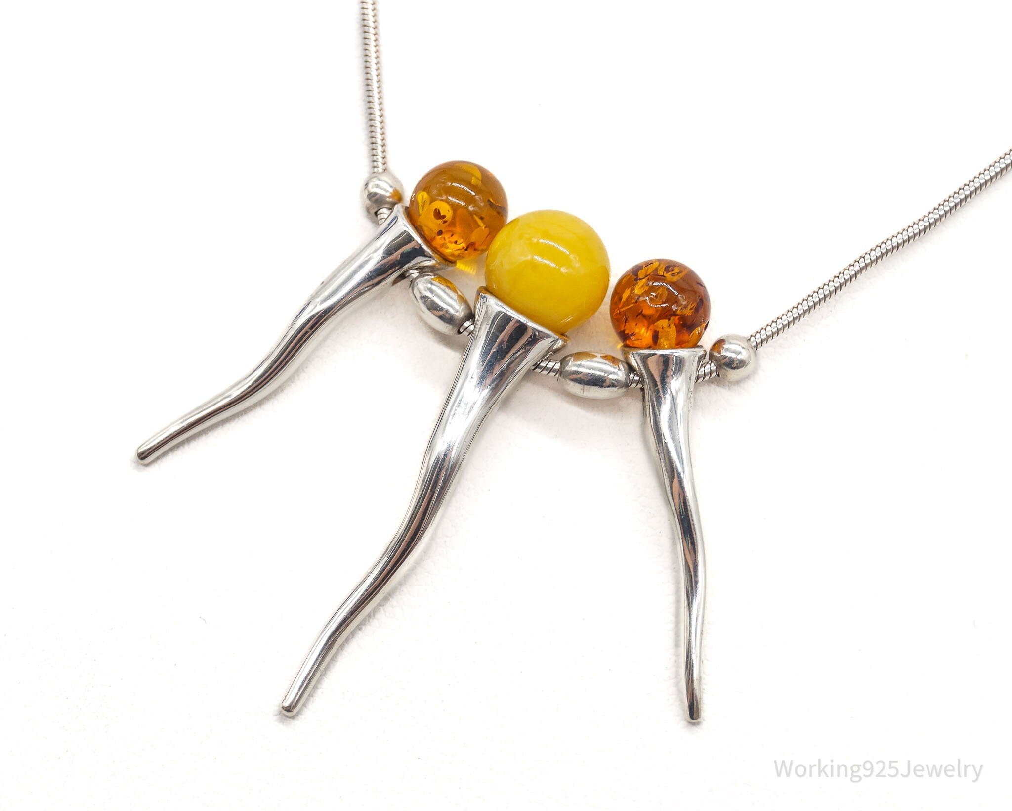 Vintage Gdansk Poland Multi Type Amber Modernist Sterling Silver Necklace