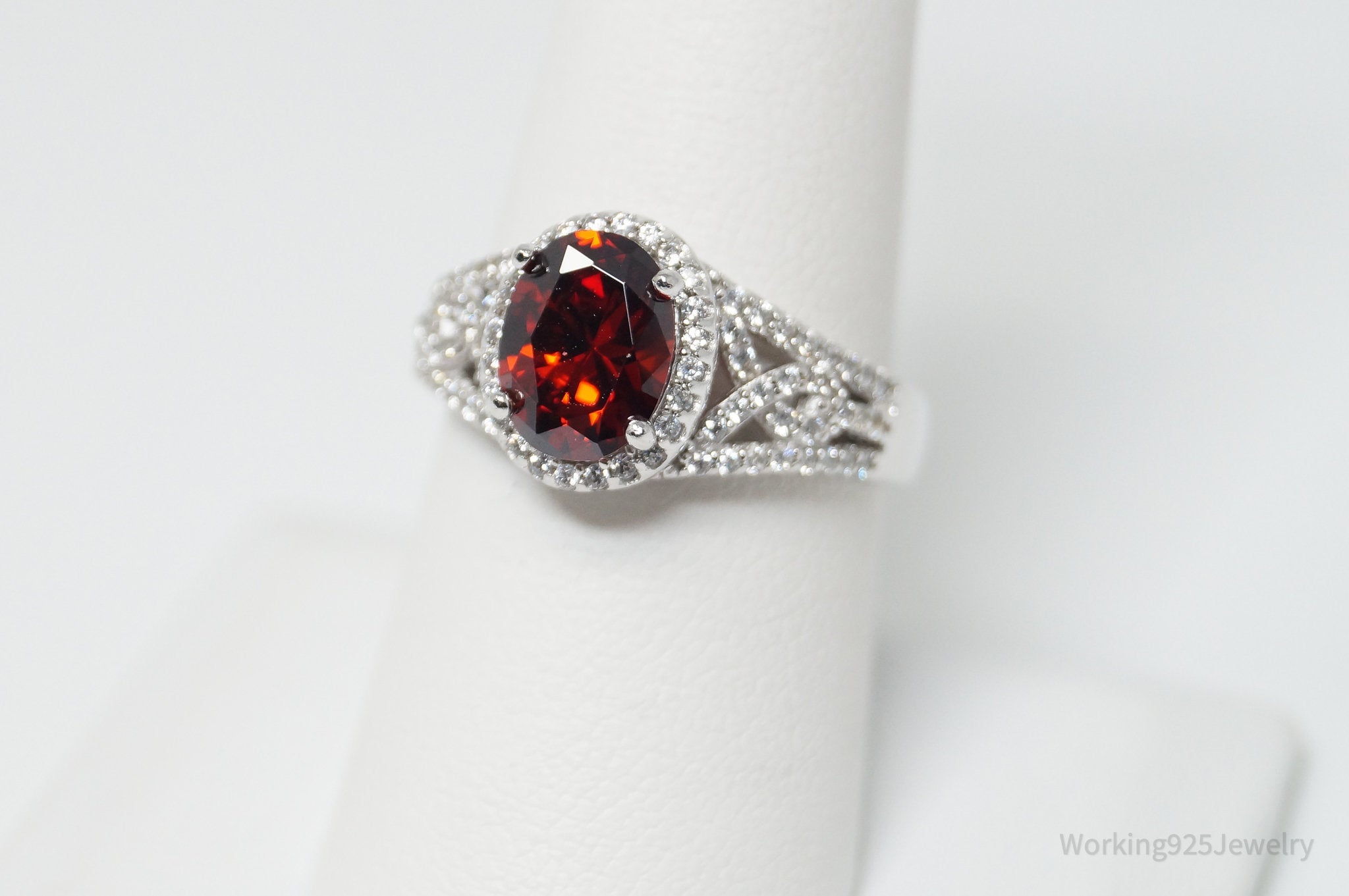 Vintage Art Deco Style Garnet CZ Sterling Silver Ring Size 8