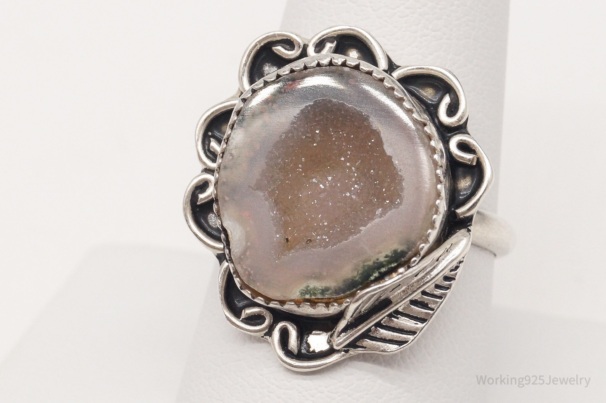 Vintage Druzy Agate Sterling Silver Ring - Size 9.5 Adjustable