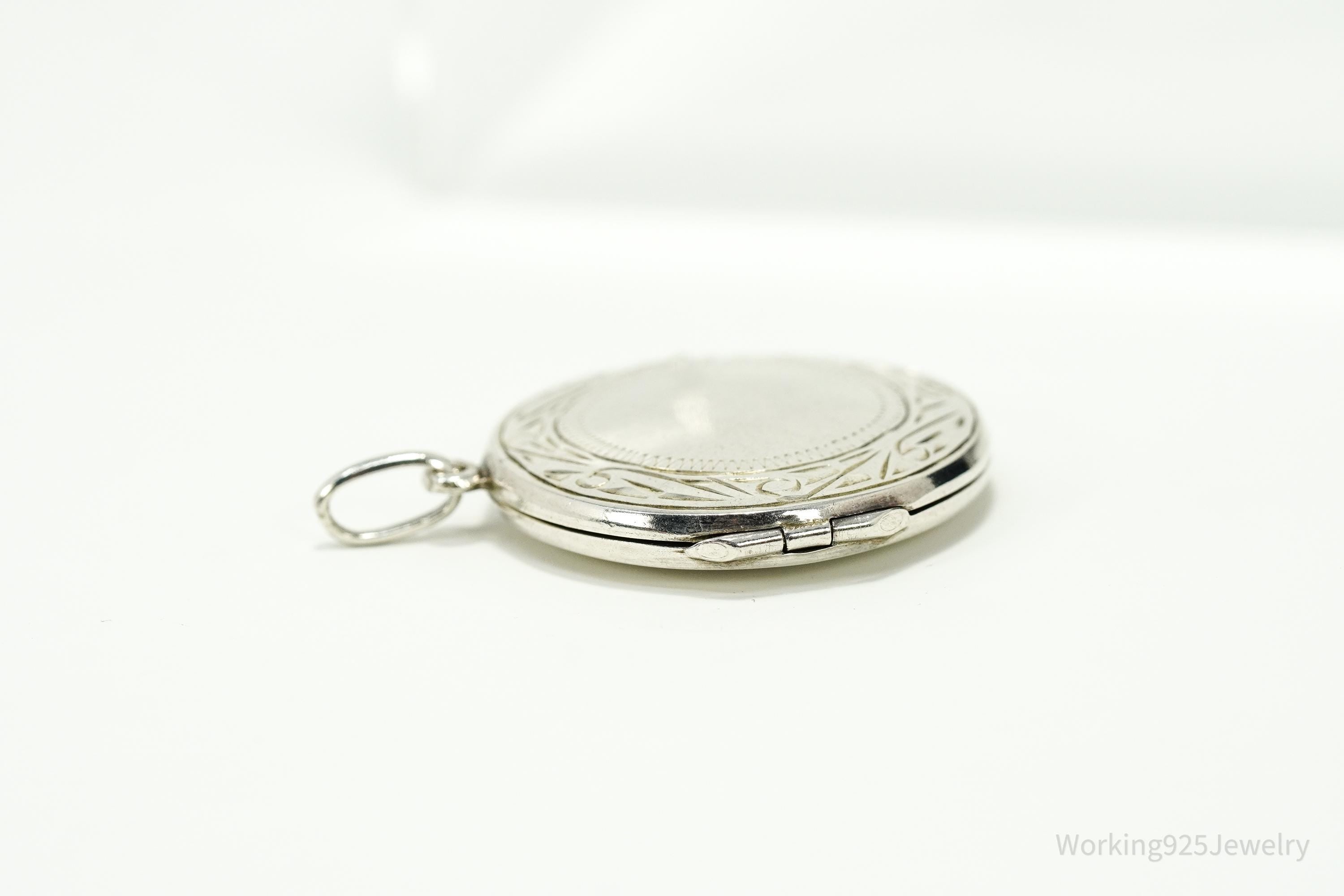 Vintage Round Etched Sterling Silver Locket Pendant