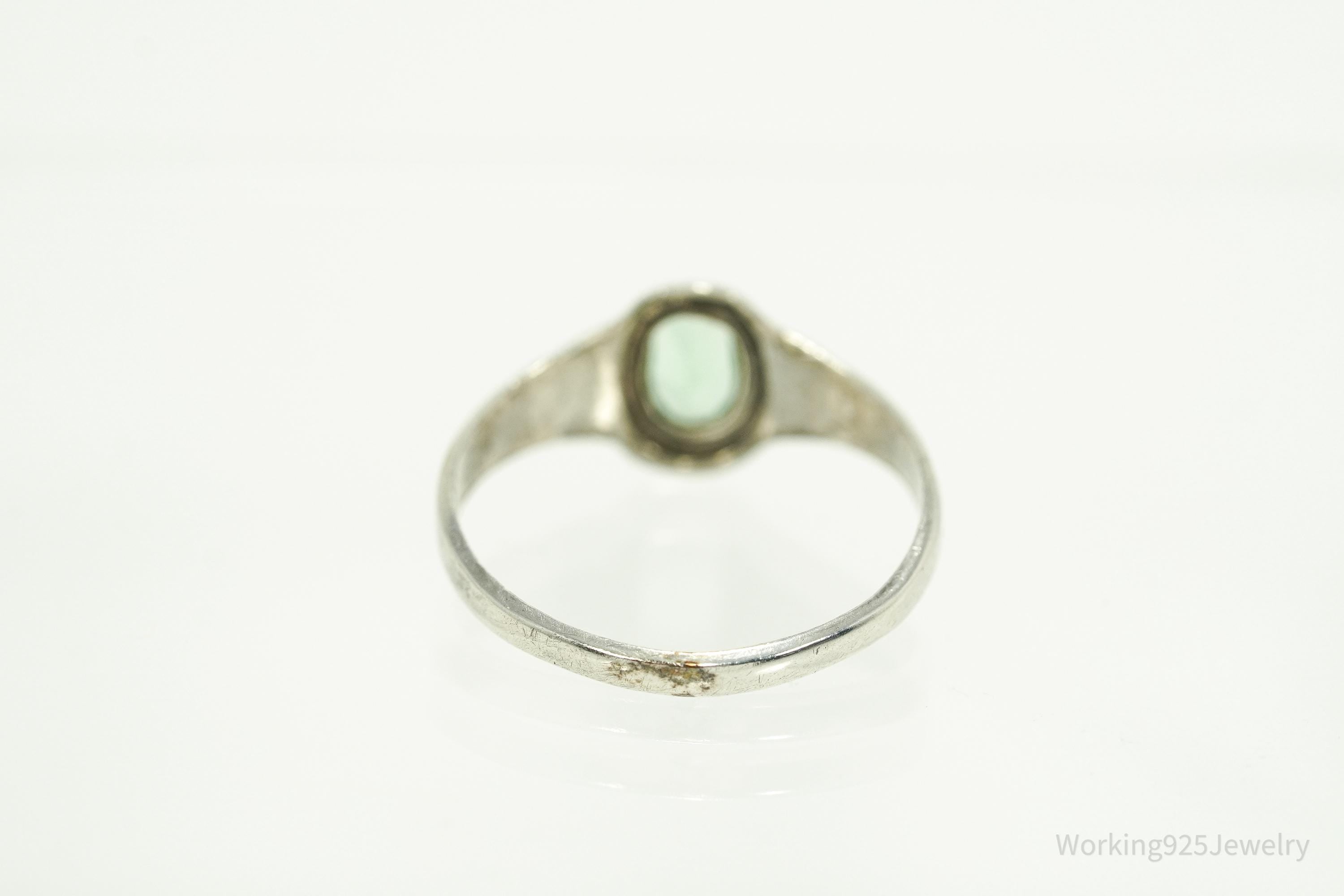Antique Designer Uncas Green Glass Stone Sterling Silver Ring - Size 6