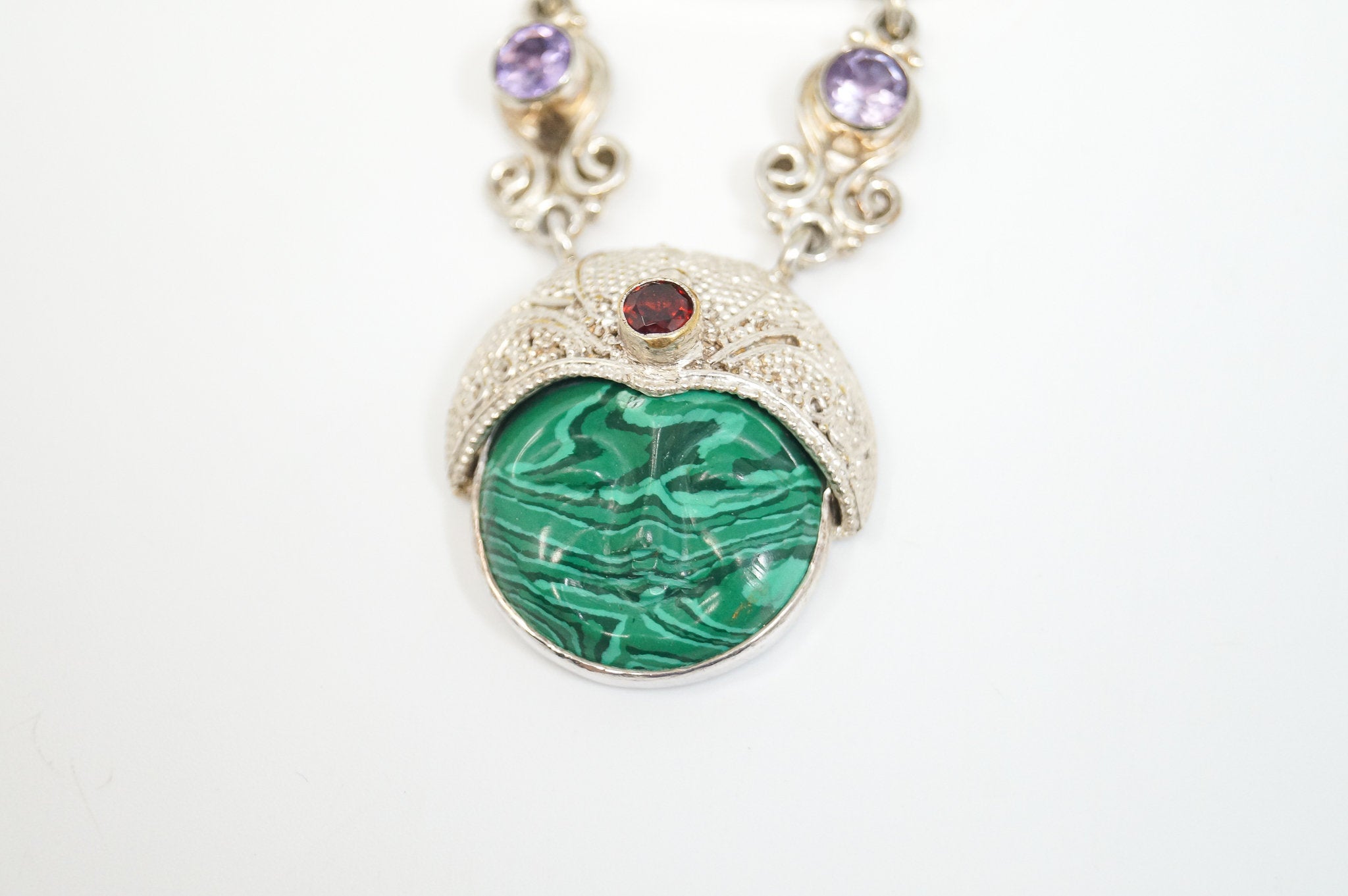 Vintage Turquoise Amethyst Malachite Garnet Sterling Silver Moon Face Pendant