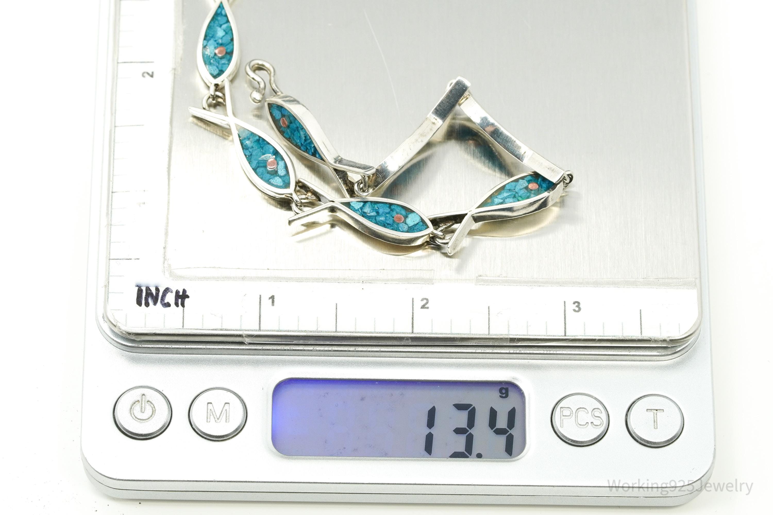 Vintage Mexico Blue Turquoise Inlay Fish Pattern Sterling Silver Bracelet - 7.25"