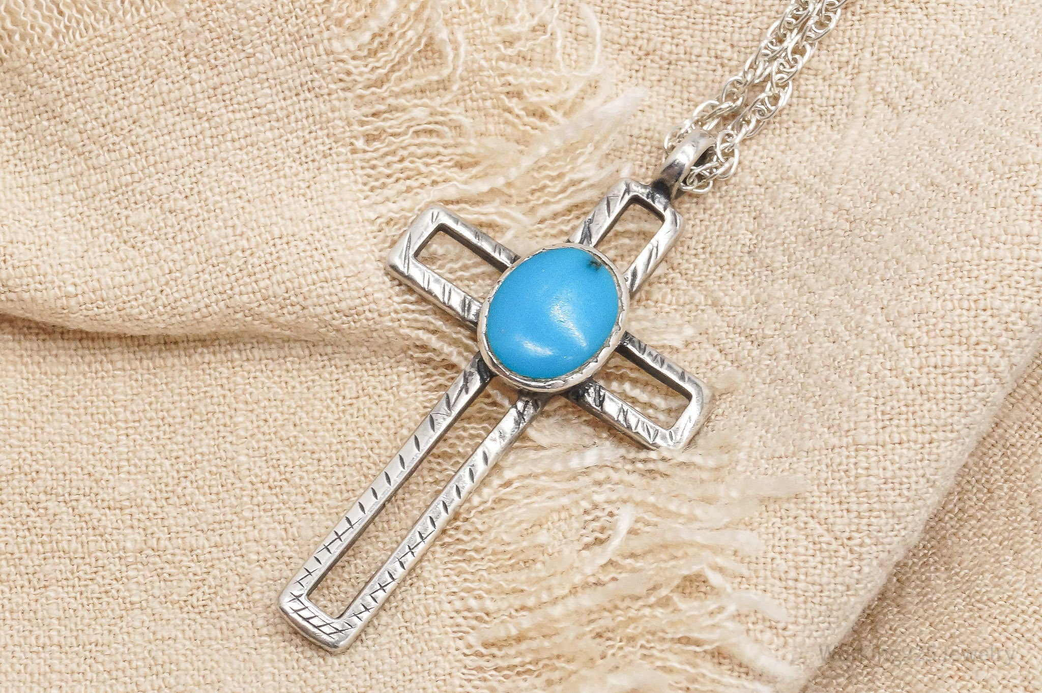 Vintage Western Turquoise Cross Sterling Silver Necklace 20"