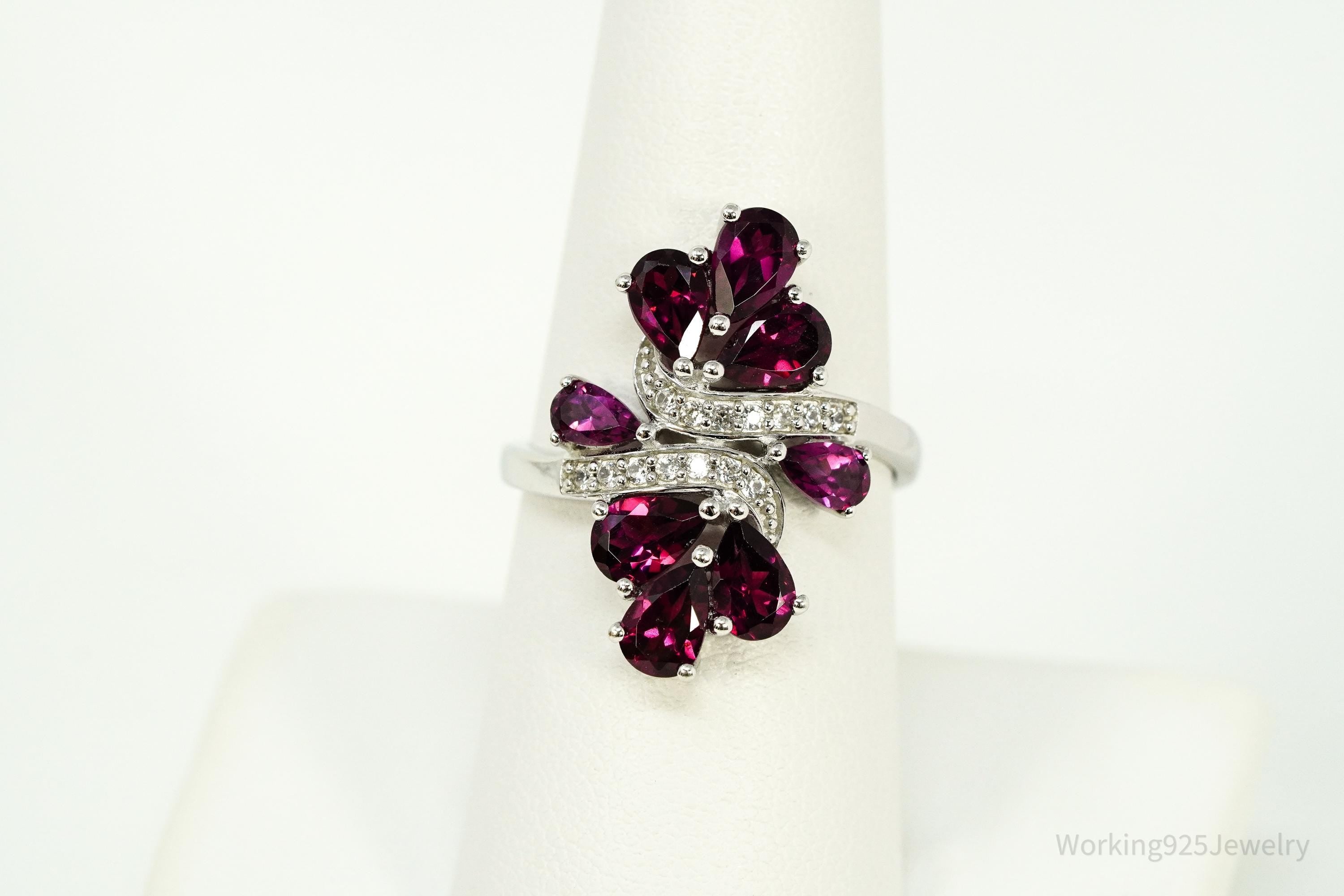Rhodolite Garnet & White Zircon Sterling Silver Ring - Size 8.25