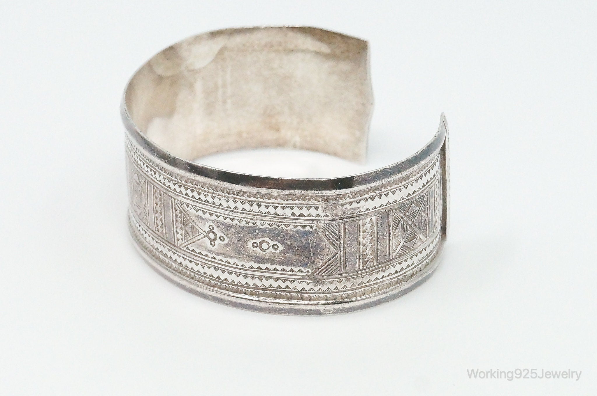 Vintage Southwestern Handmade Tribal Etched Sterling Silver Cuff Bracelet