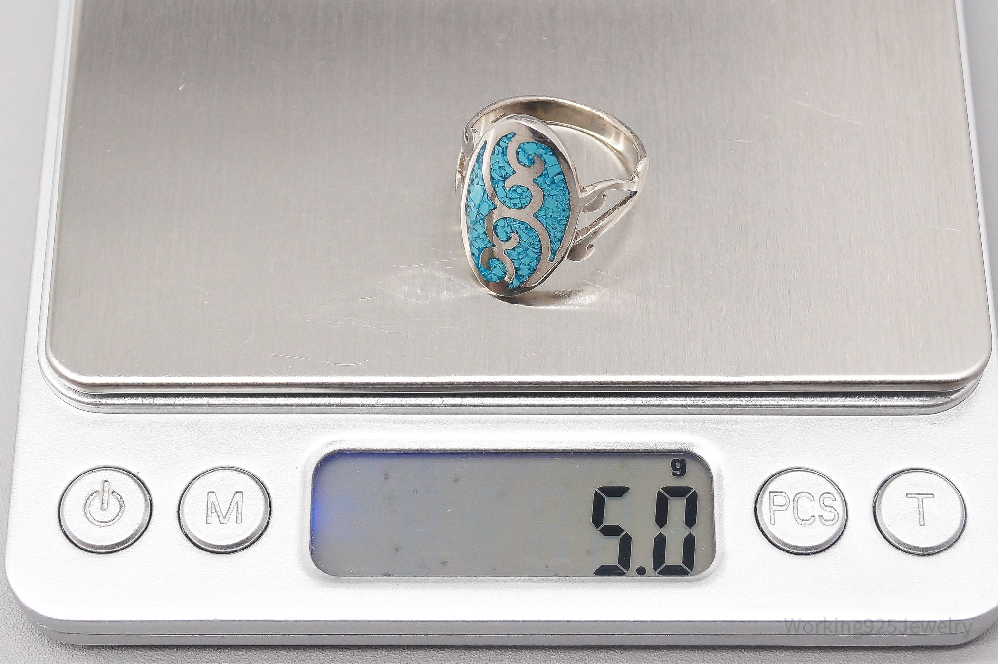 Vintage Turquoise Inlay Sterling Silver Ring - Size 8