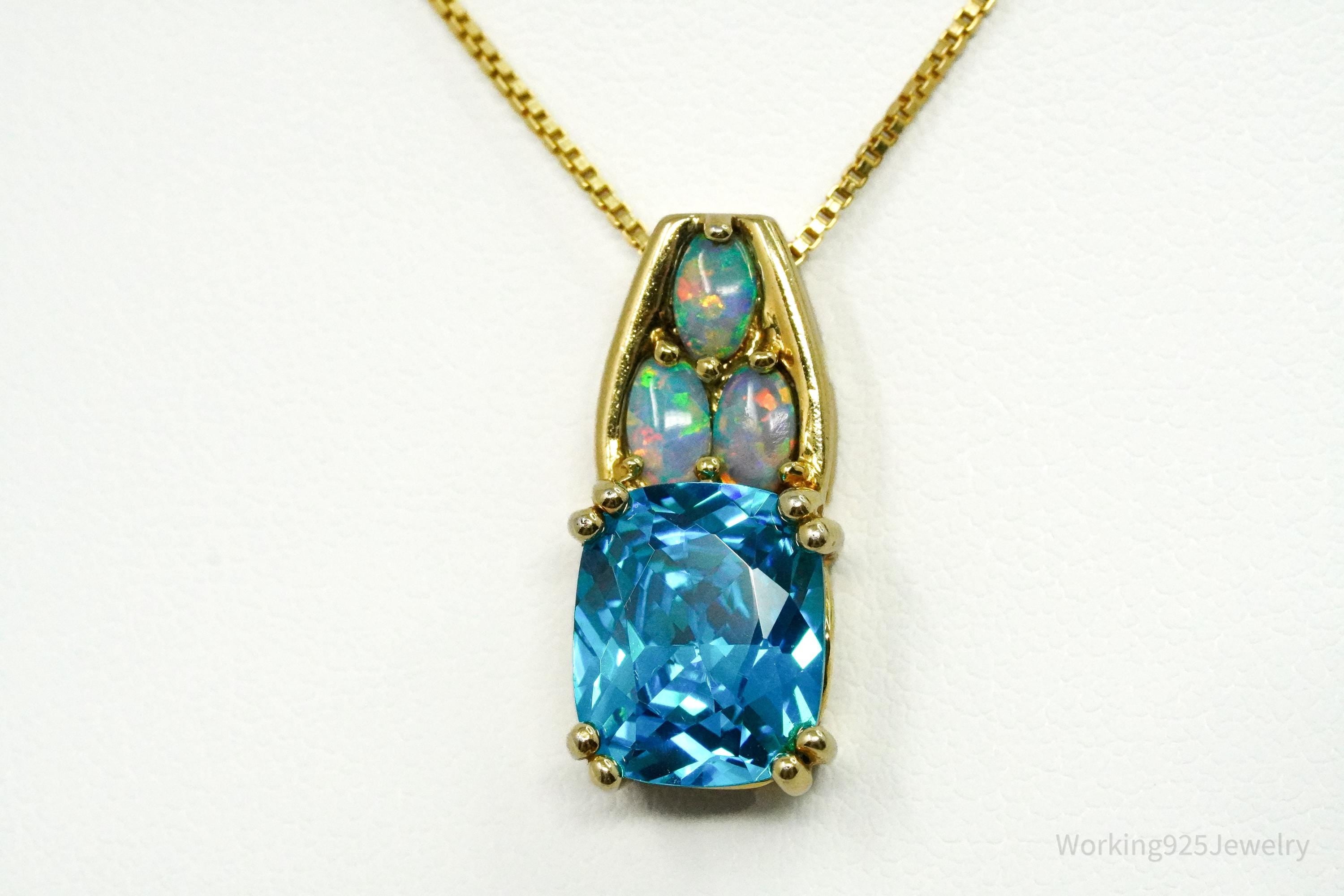 Vintage Blue Tourmaline & Opal Gold Vermeil Sterling Silver Necklace 16"