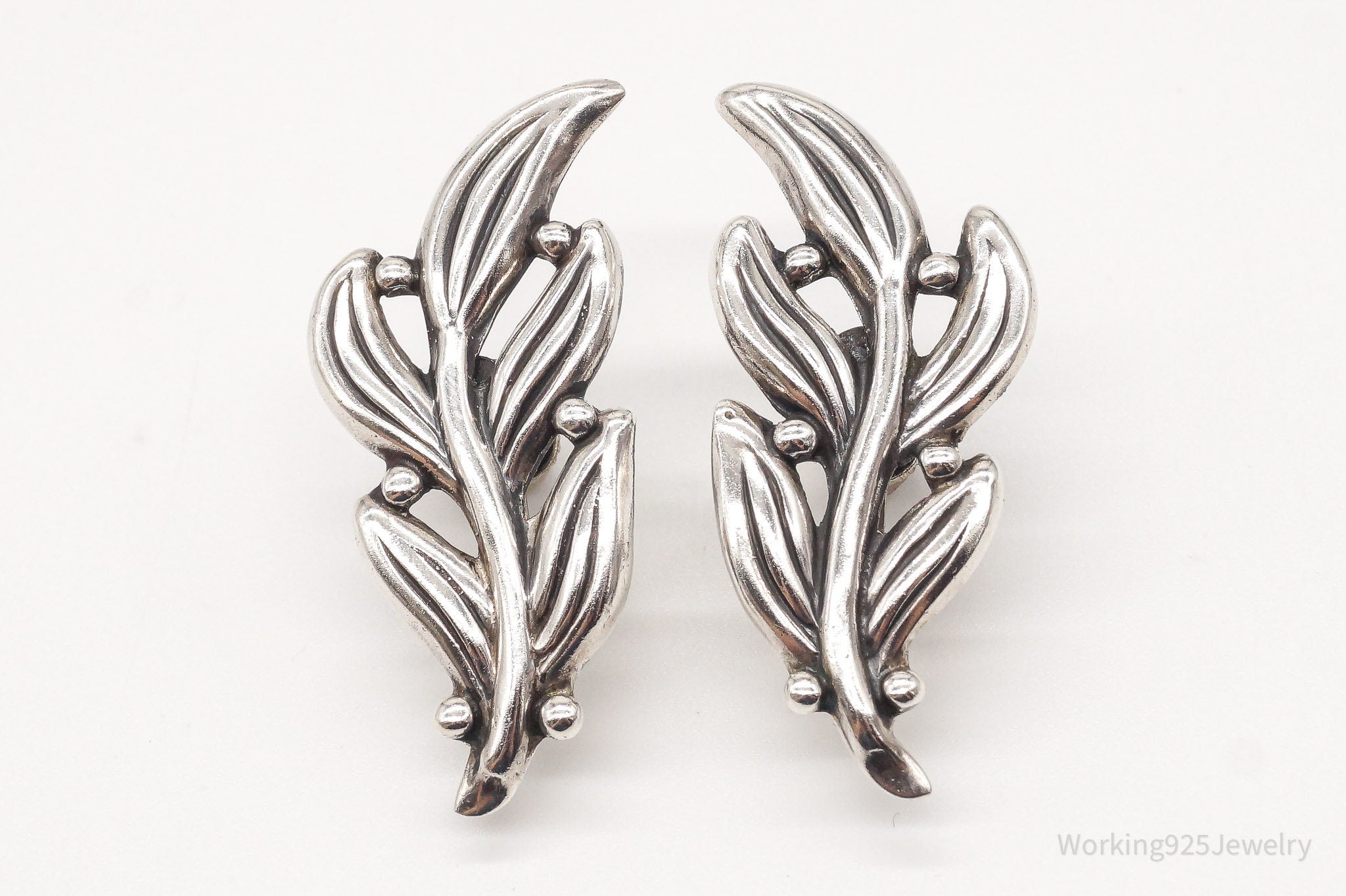 Vintage Mexico Modernist Hilario Lopez Fern & Spore Sterling Silver Earrings