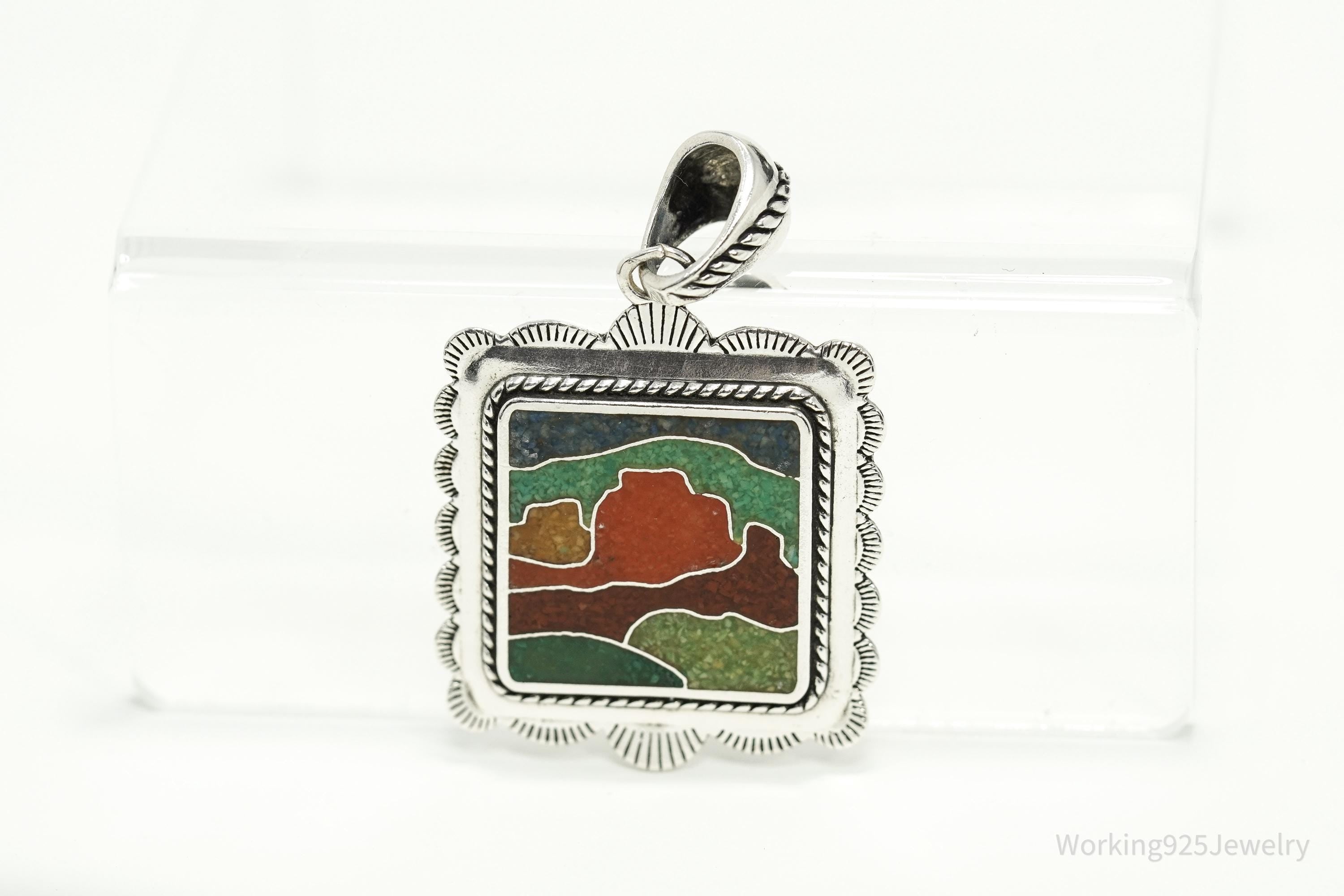 Large Vintage Carolyn Pollack Relios Desert Scene Multi Gem Inlay Sterling Silver Pendant