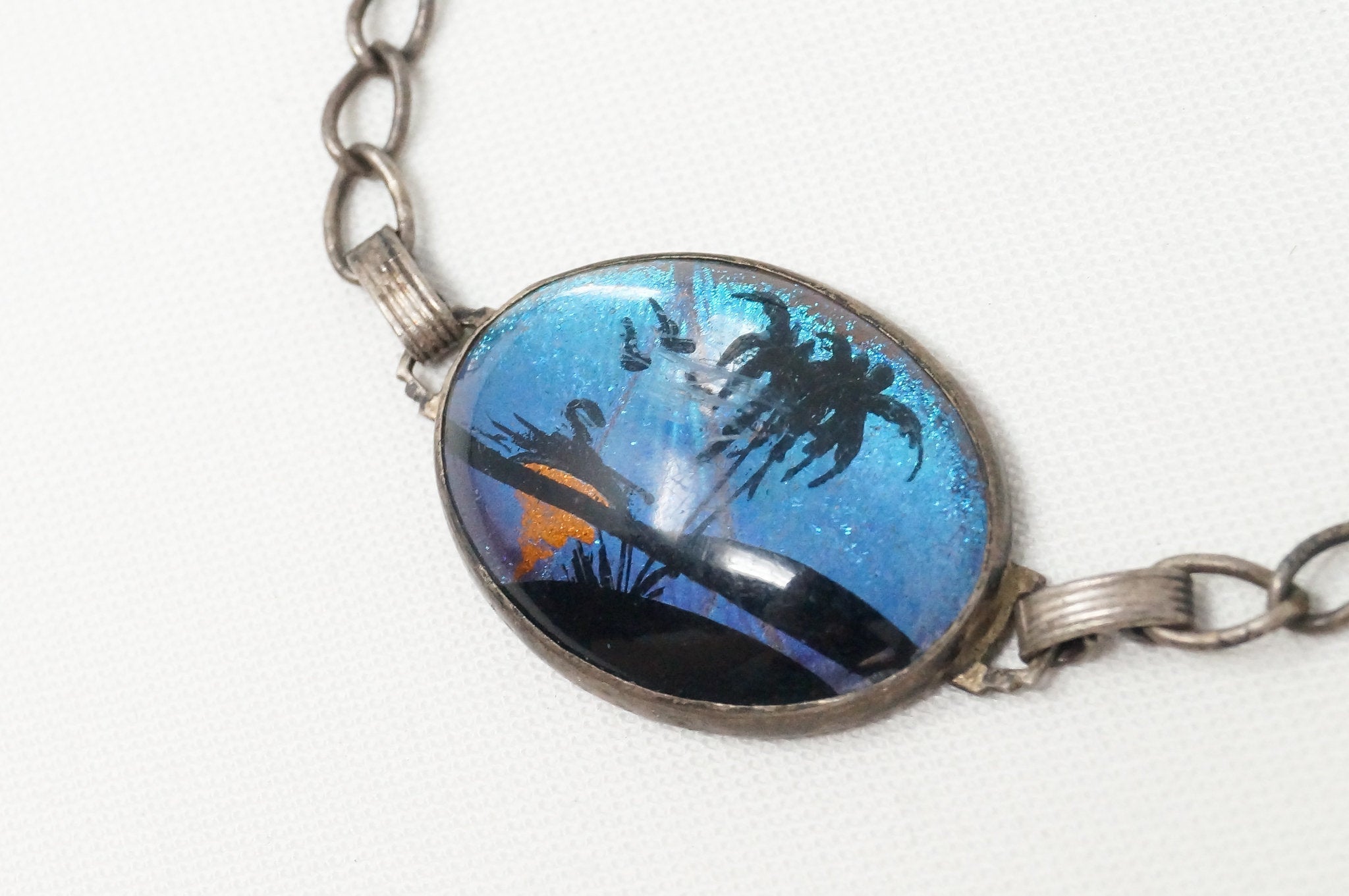 Antique Designer Hoffman Butterfly Wing Beach Scene Sterling Silver Bracelet