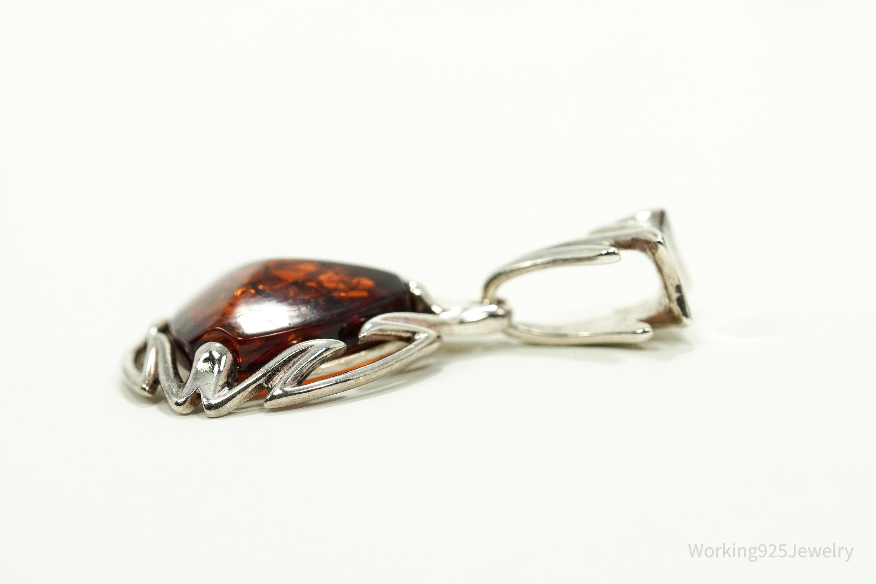 Large Vintage Modernist Amber Sterling Silver Pendant