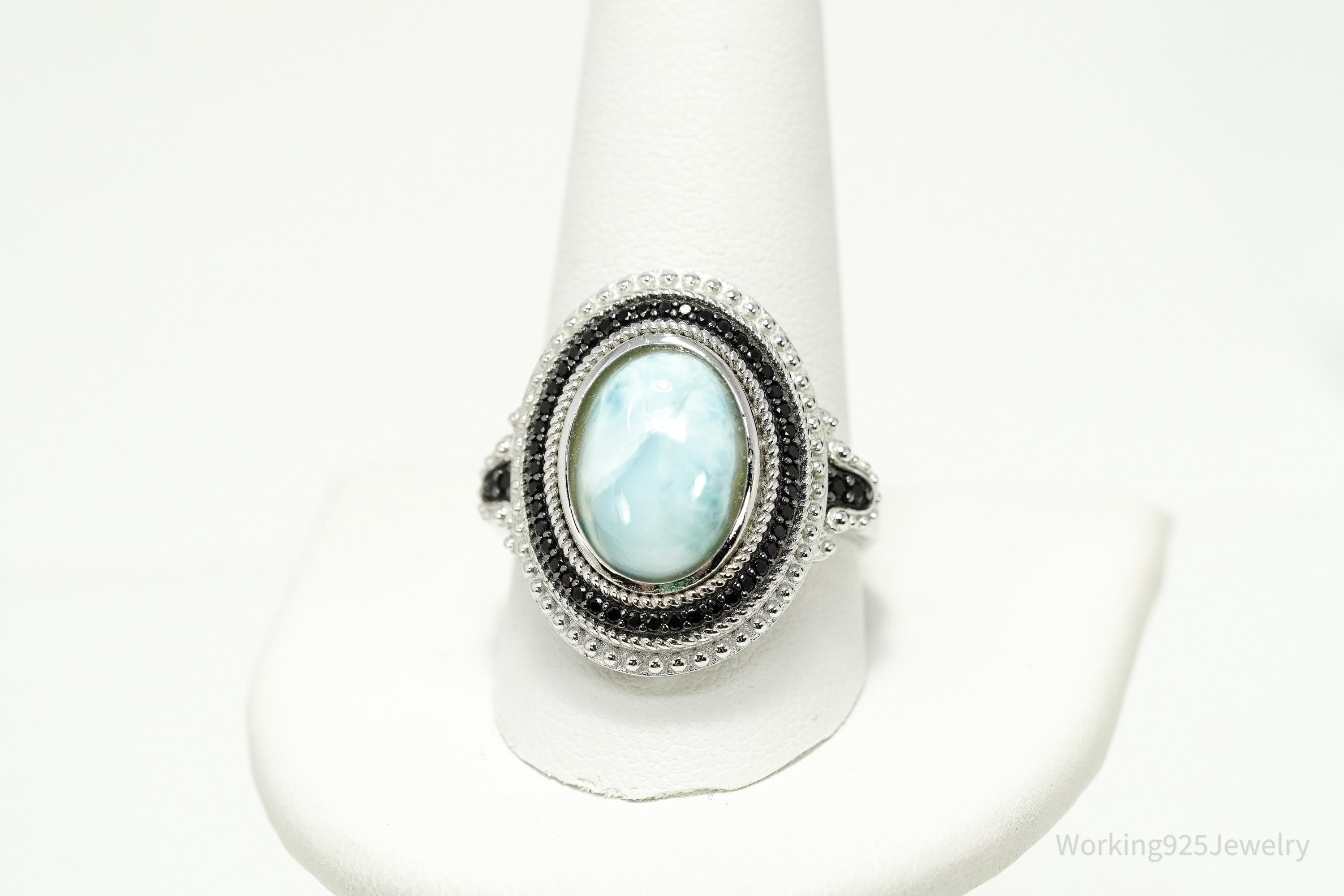 Vintage Blue Larimar & Black Spinel Sterling Silver Ring - Size 11