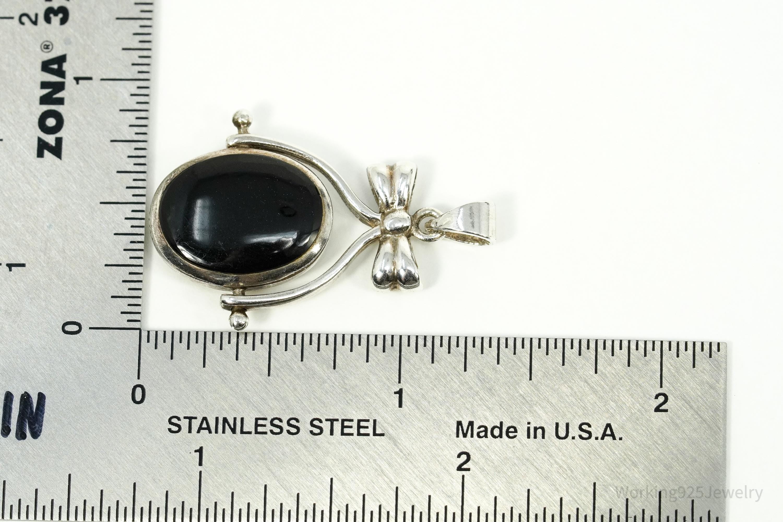 Vintage Black Onyx & Mother Of Pearl Spinning Fob Sterling Silver Pendant