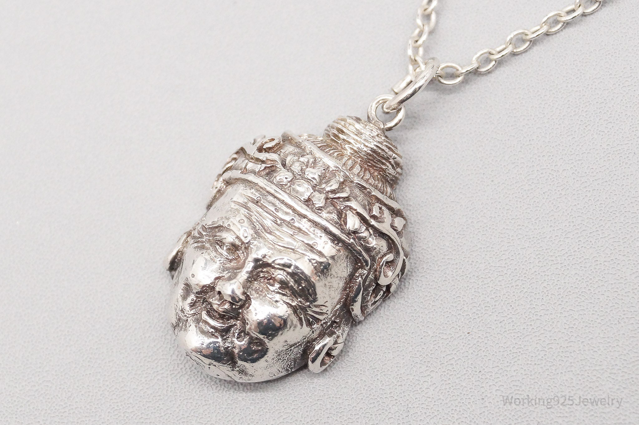 Vintage Buddha Head Sterling Silver Necklace 18"