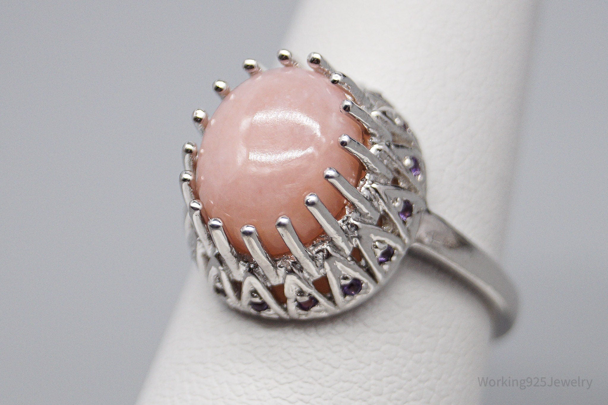 Vintage Pink Opal & Amethyst Sterling Silver Ring - Size 7