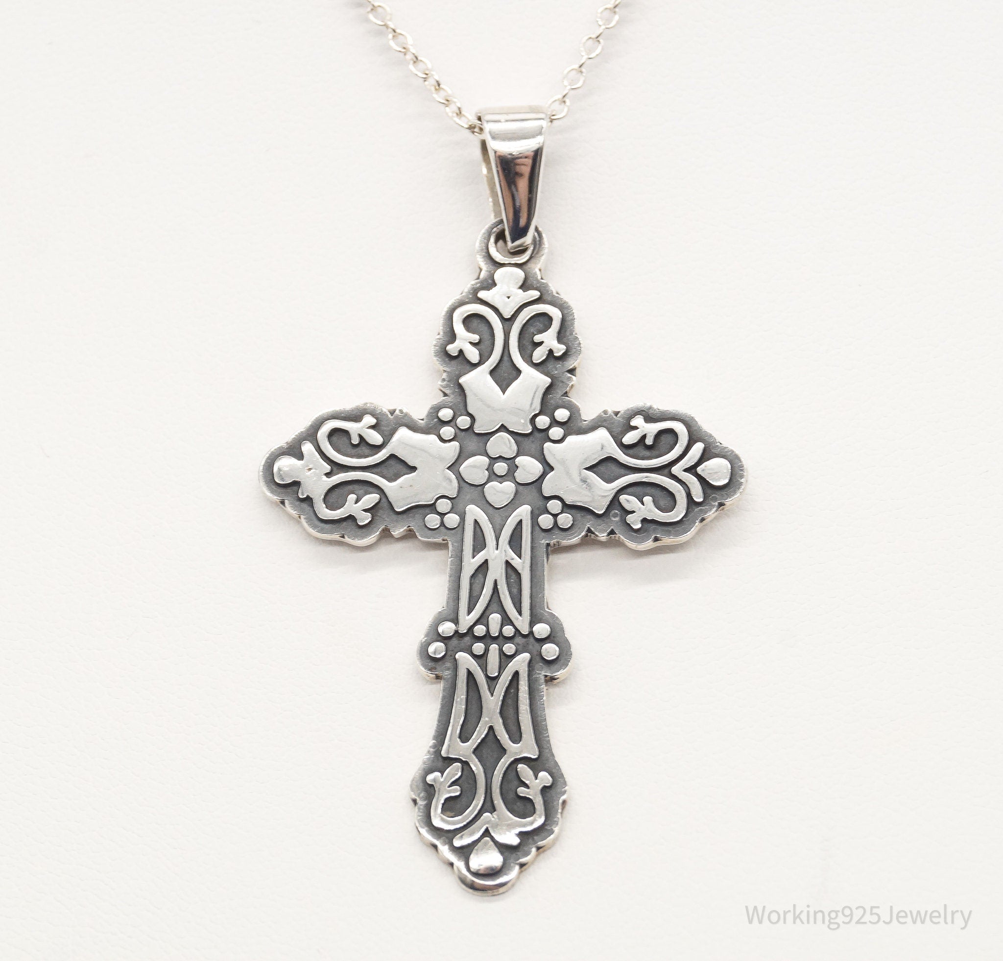 Vintage Large Mexico Artisan CII Cross Sterling Silver Necklace