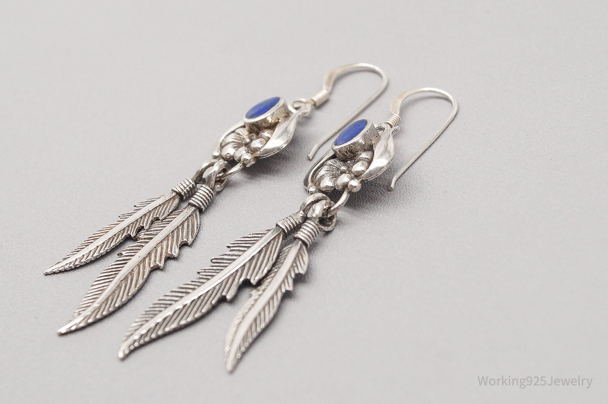 Vintage Lapis Lazuli Flower Feather Sterling Silver Earrings