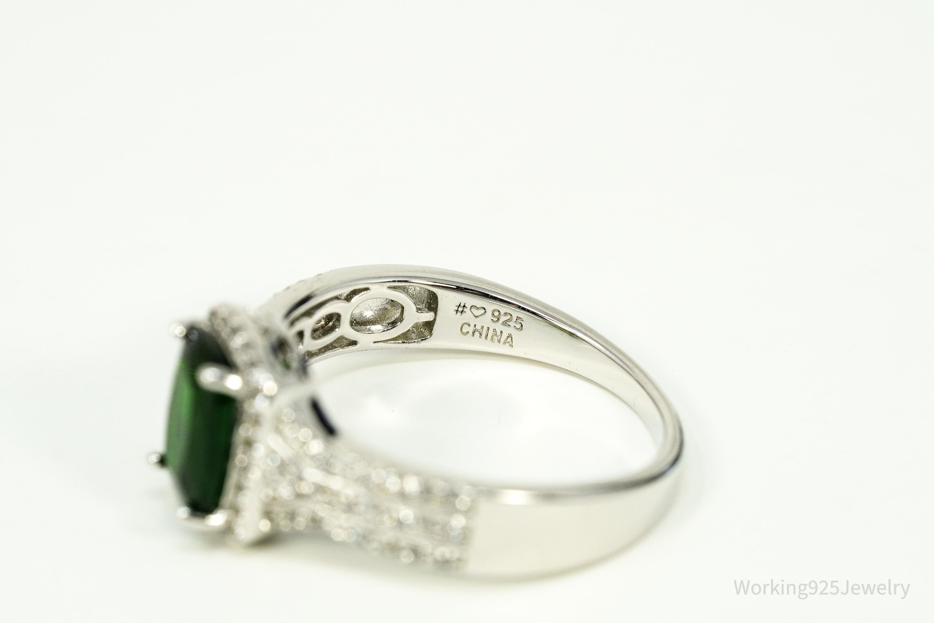 Vintage Emerald & White Topaz Sterling Silver Ring - Size 9.75