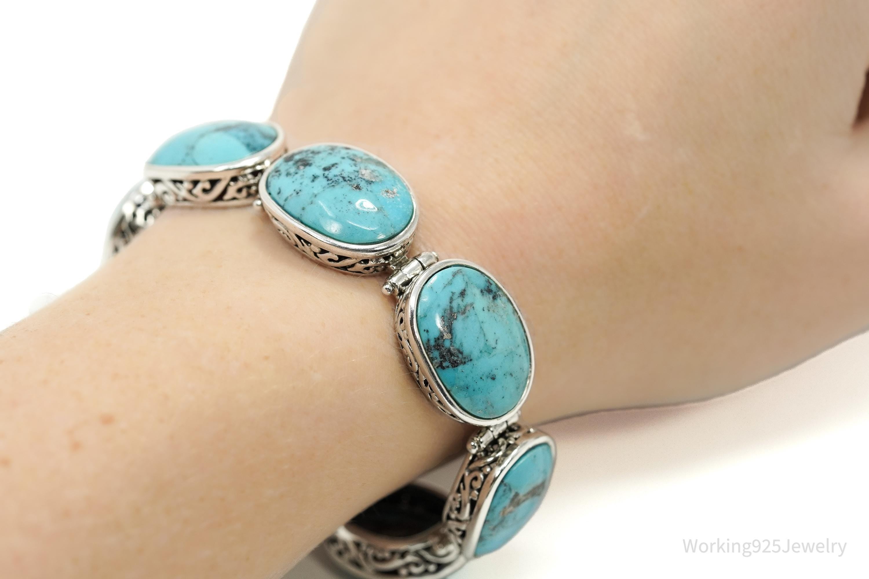 Vintage NK Big Blue Turquoise Sterling Silver Southwestern Toggle Bracelet 7.5"