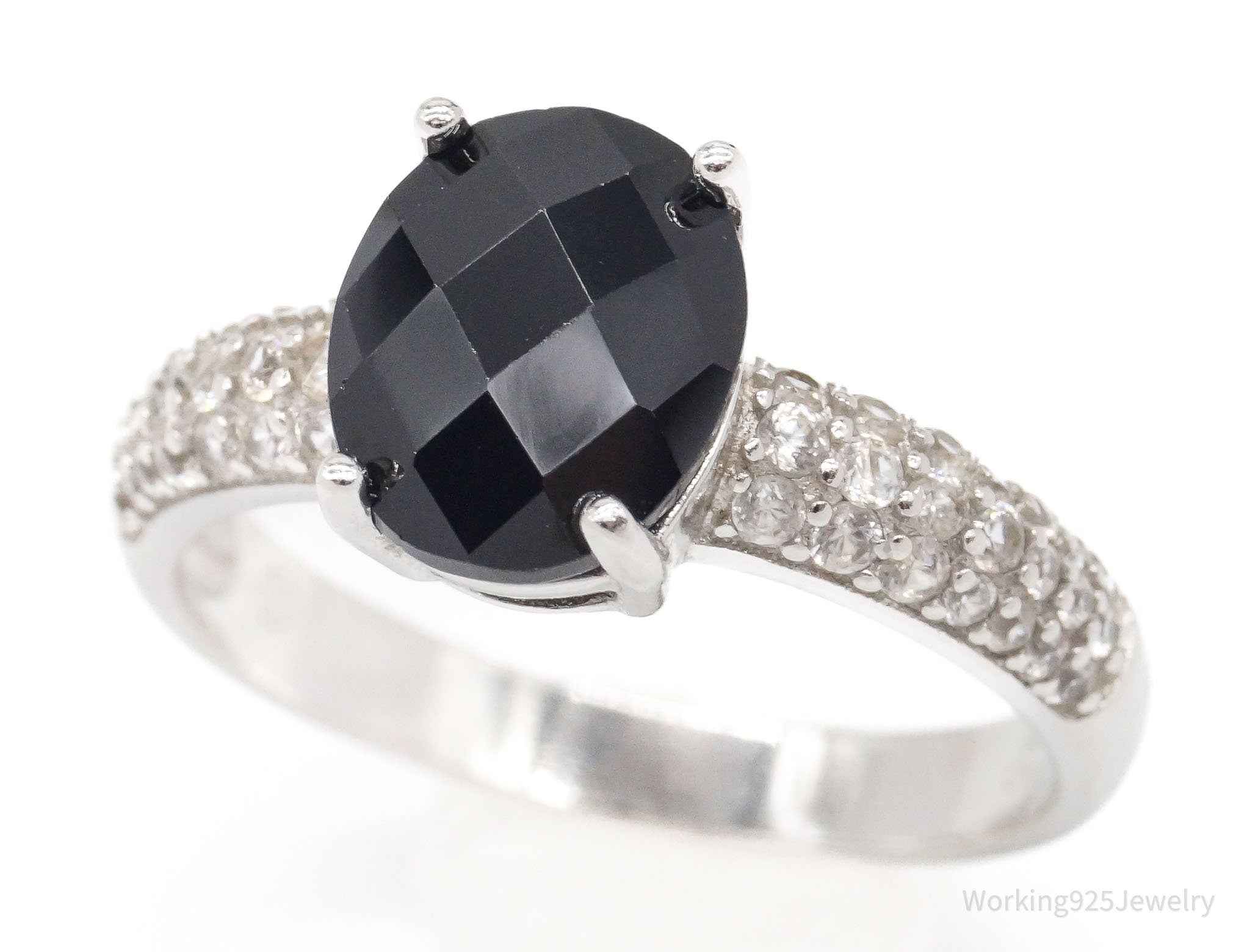 Vintage Black Onyx Cubic Zirconia Sterling Silver Ring - Size 9.25