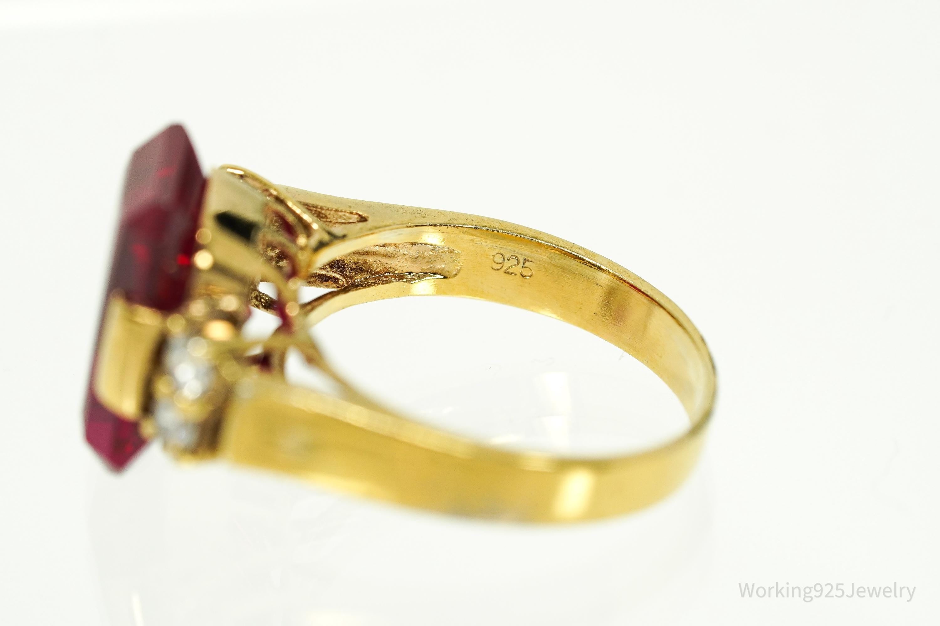 Vintage Ruby & Cubic Zirconia Gold Vermeil Sterling Silver Ring Size 8