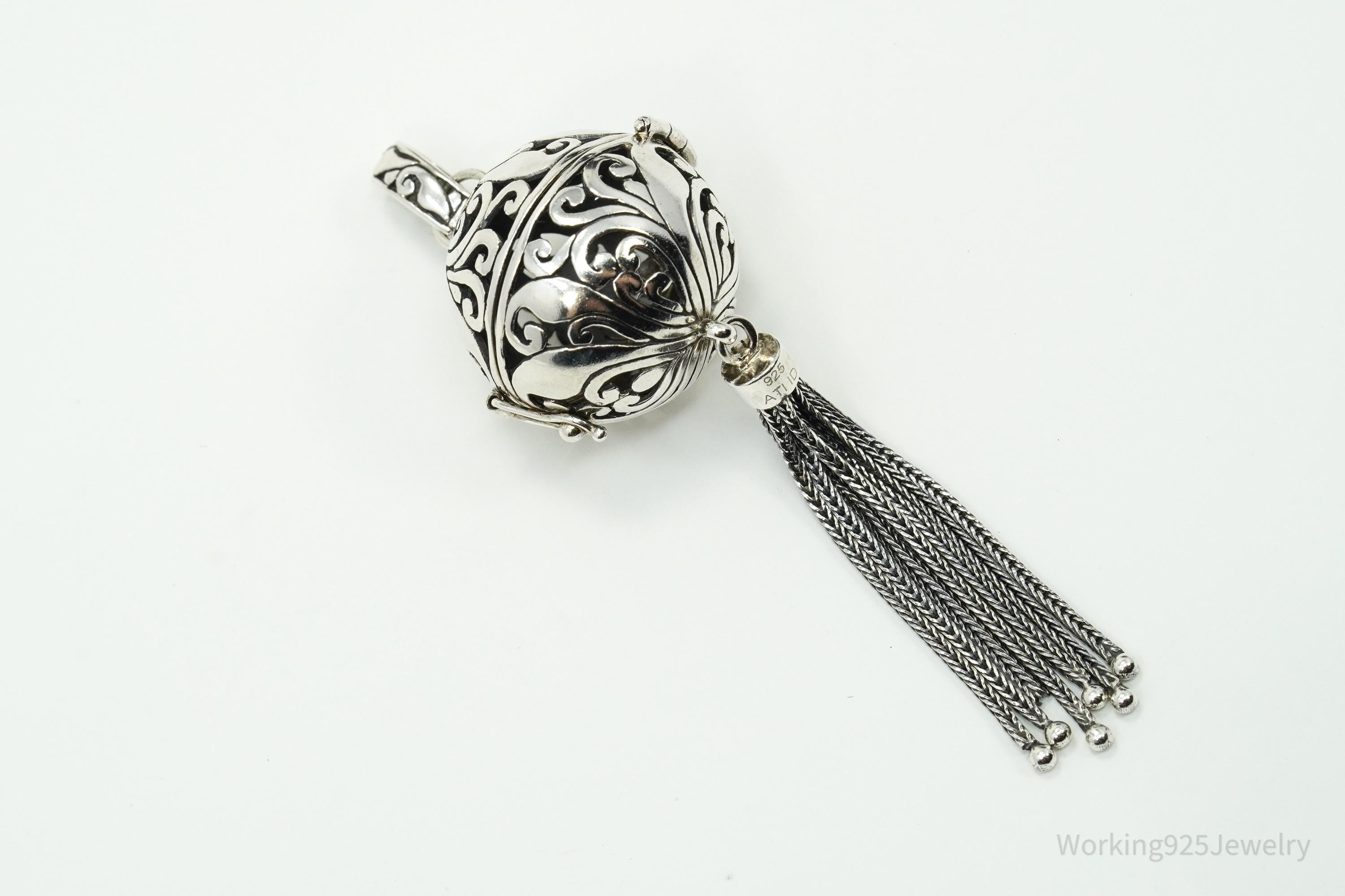 Large Vintage ATI Ornate Ball Dome Cage Sterling Silver Necklace Pendant
