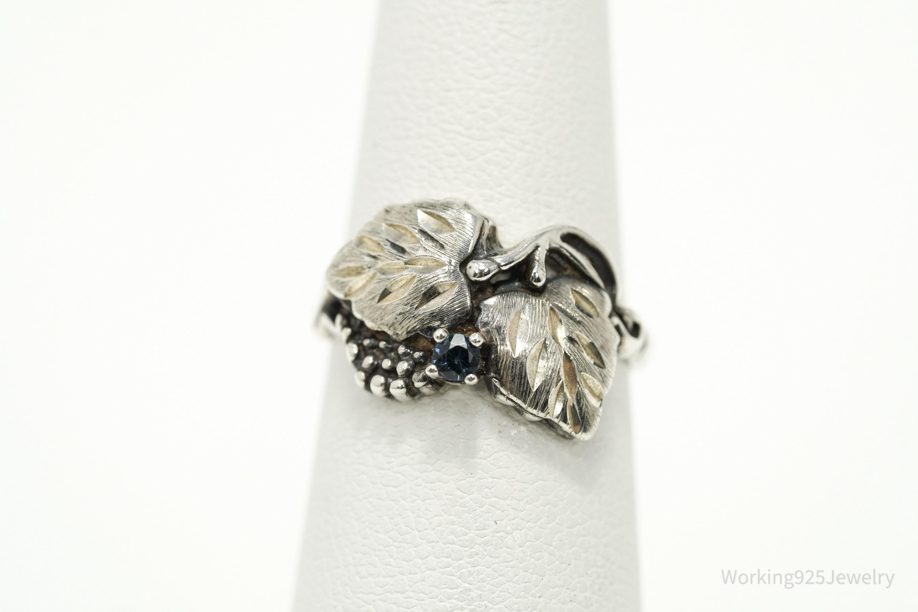 Vintage Sapphire Grape Leaf Sterling Silver Ring - Size 6