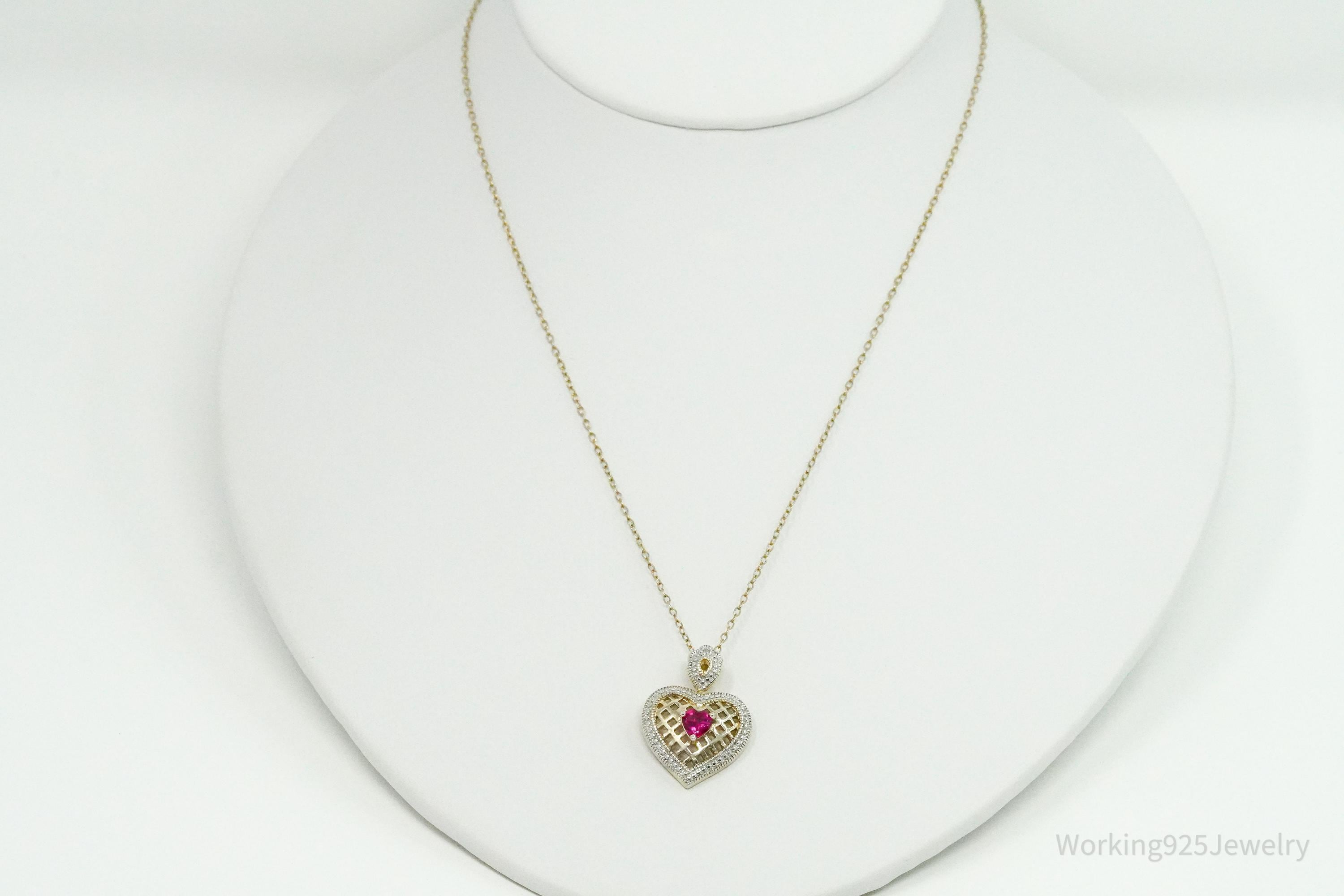 Vintage Ruby & Diamond Gold Over Sterling Silver Heart Necklace 18"