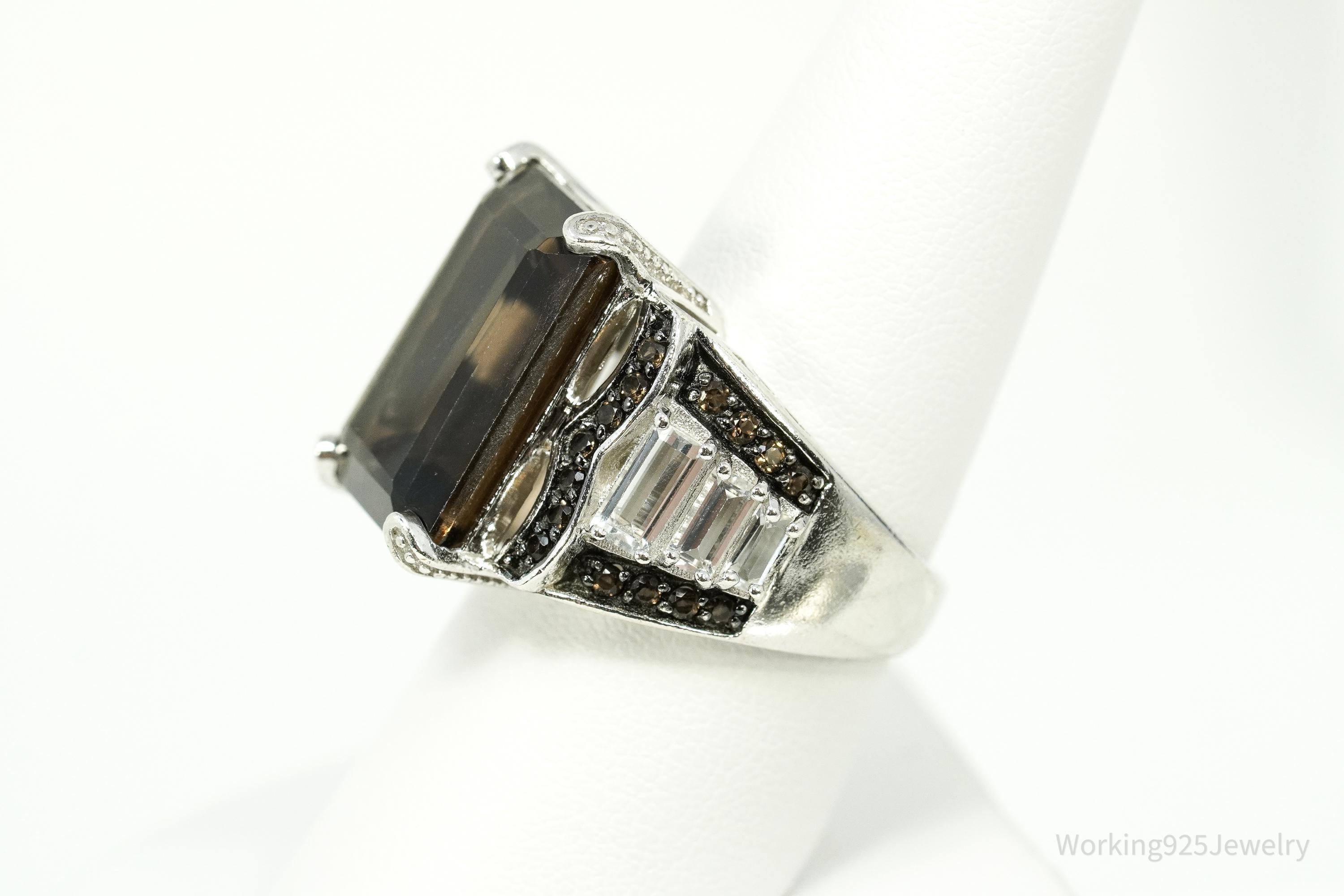 Vintage Large Smoky Quartz & White Topaz Sterling Silver Ring - Size 8