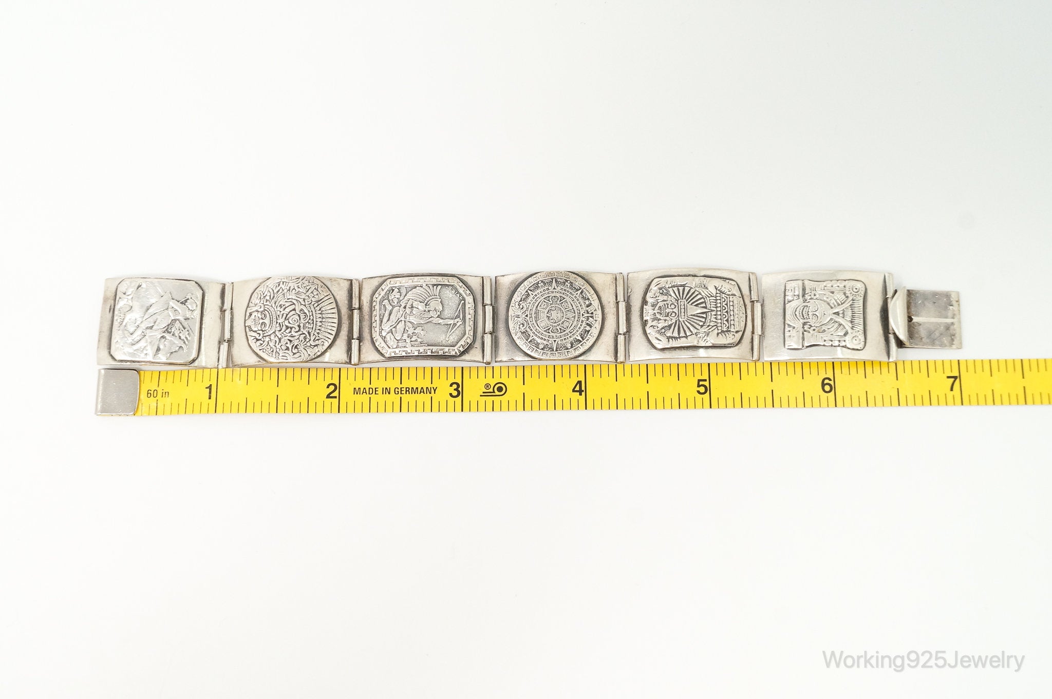 Vintage Mexico Aztec Pictures Sterling Silver Panel Bracelet