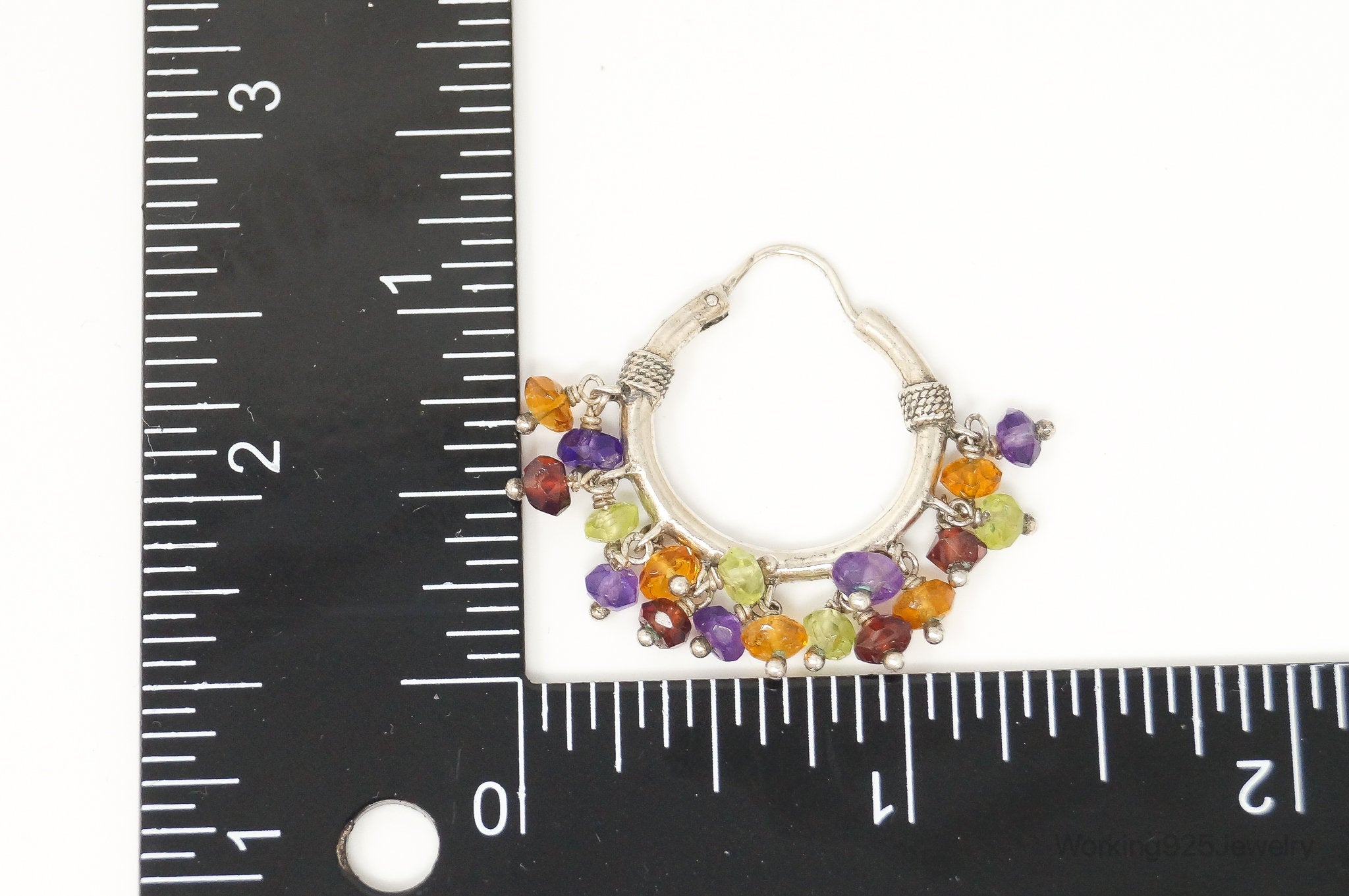 Vintage Multi Gemstone Beads Sterling Silver Hoop Earrings