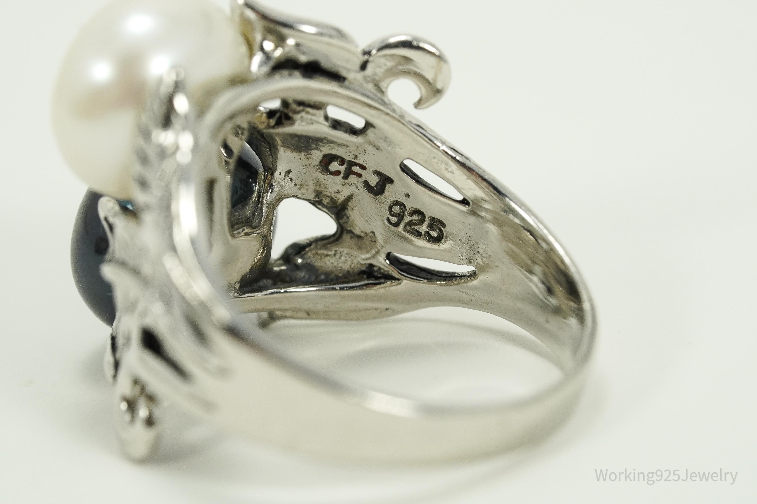 Vintage Designer CFJ White & Tahitian Pearl Sterling Silver Ring Size 7.25