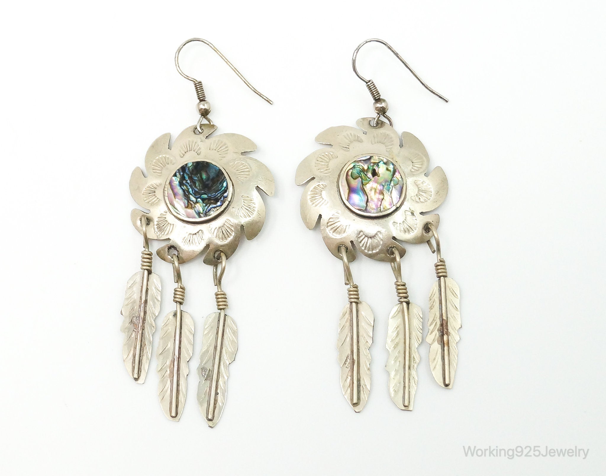 Vintage Mexico Abalone Shell Dreamcatcher Alpaca Silver Earrings