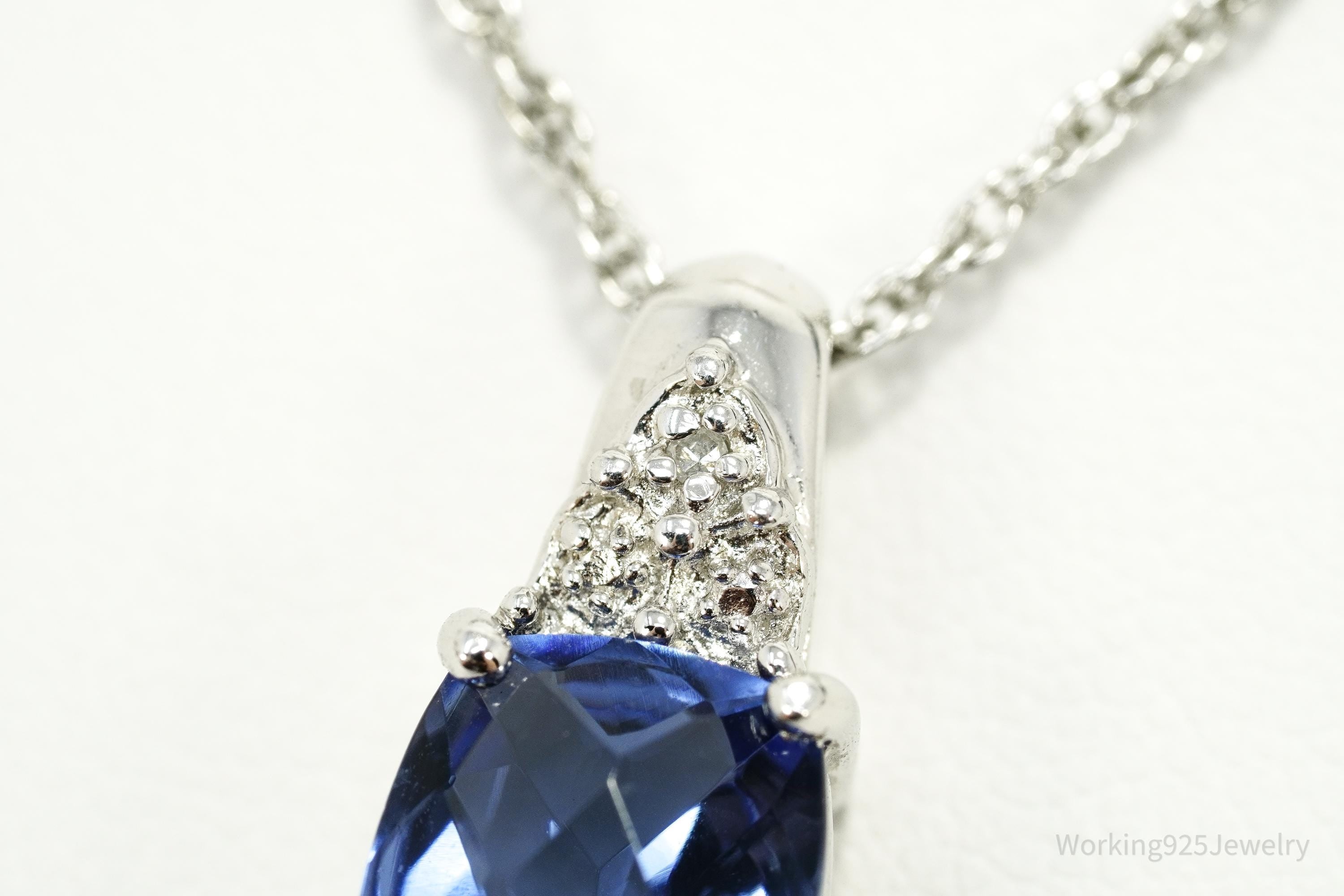 Vintage Ross Simons Lab Created Blue Sapphire & Single Diamond Sterling Silver Necklace 18"